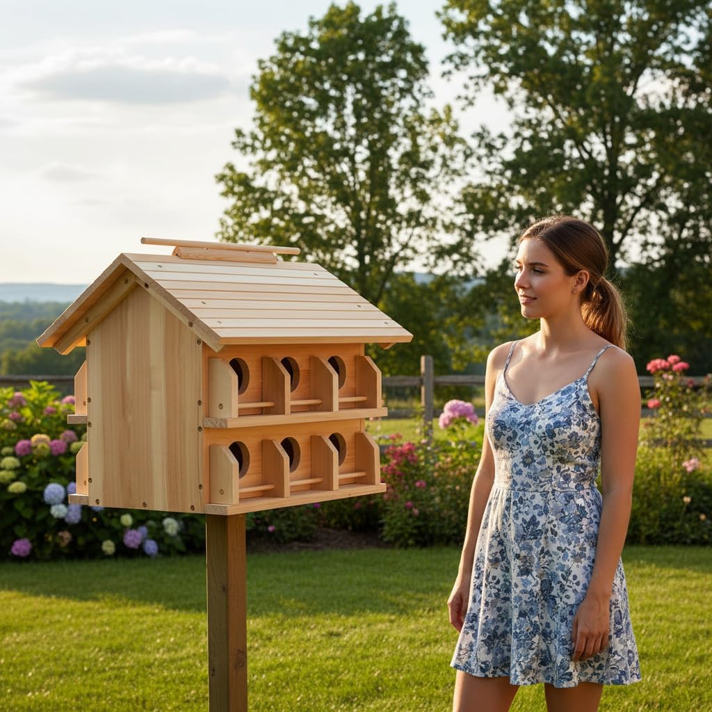 Purple Martin House Starling Birdhouse for Outside with 12 Rooms for Outside,Solid Cedar Wood Bird House for Garden, Pole Mountable Birdhouse, Metal Braket Included, Assembling Needed