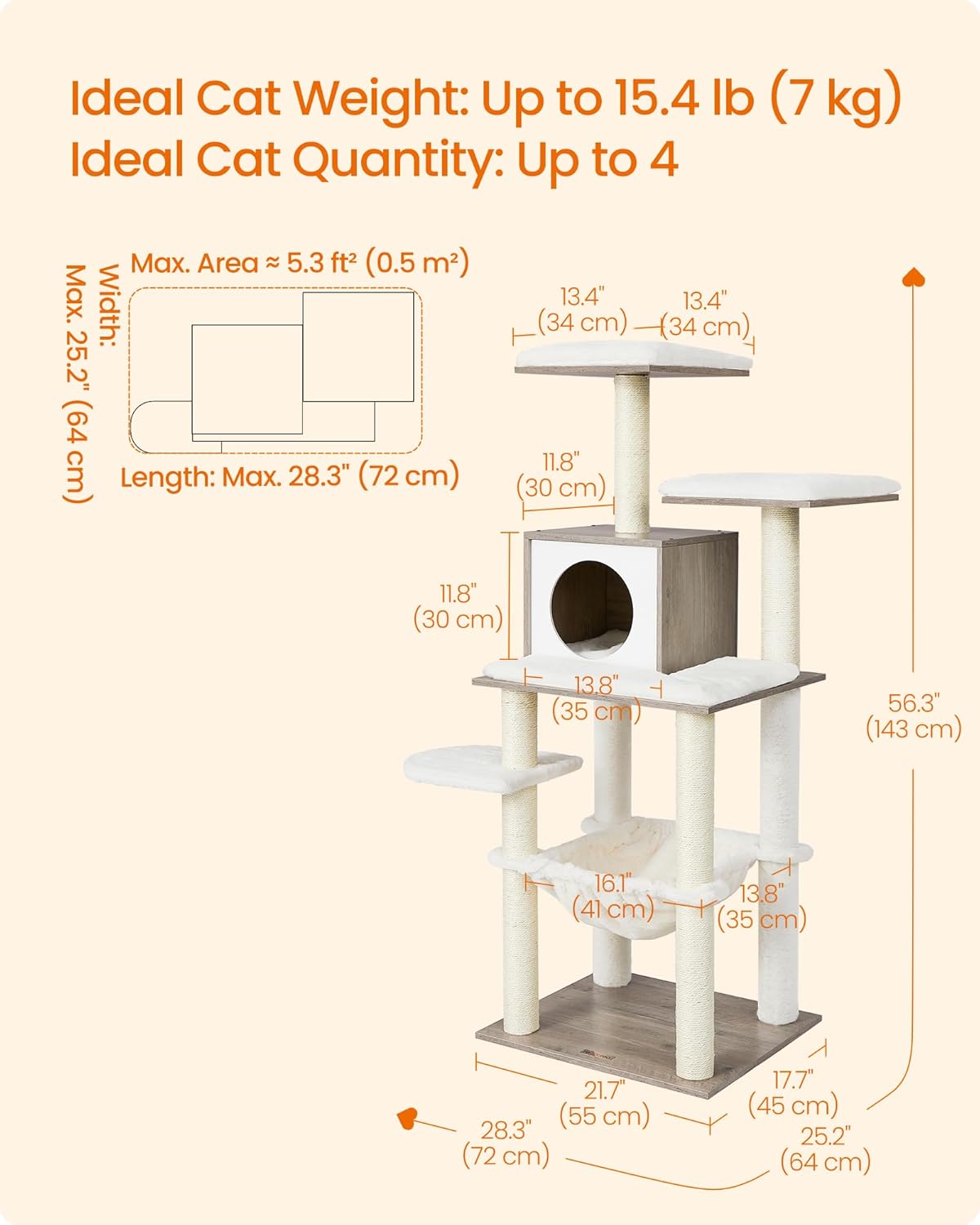 Feandrea Cat Tree, 56.3-Inch Modern Cat Tower, Multi-Level Plush Condo