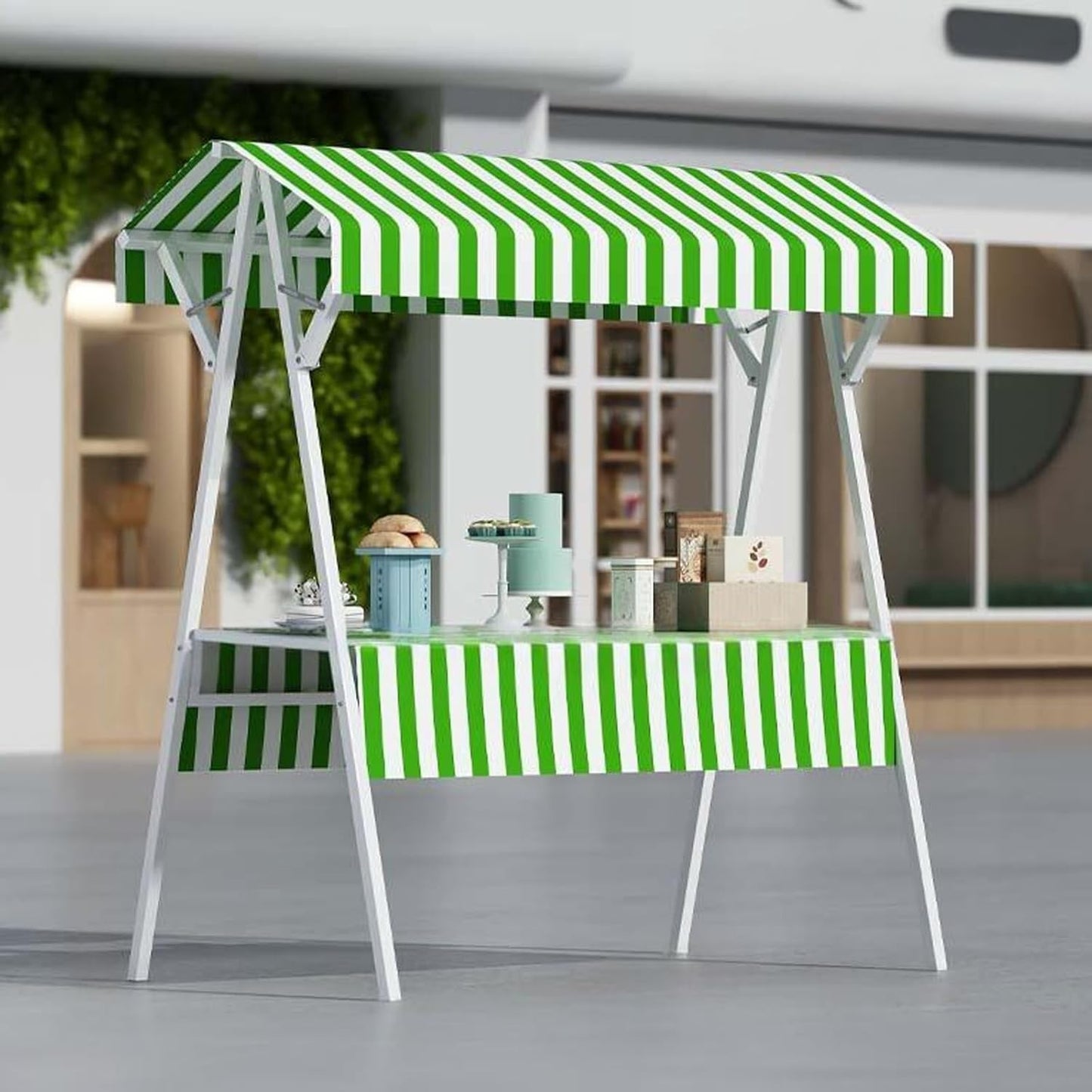 Portable Food Cart with Striped Canopy, Mobile Street Vendor Stand, Market Stall Carts for Outdoor Events, Food Truck on Wheels, Green 150cm/59in