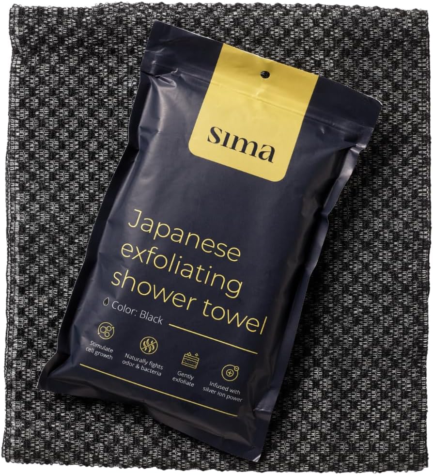 Exfoliating Washcloth Face & Body Scrub Towel - Japanese Exfoliating Towel with Hexagon Fibers, Body Scrubber with 2 Sides for Scrubbing & Washing, Extra Long Body Towels (Black)