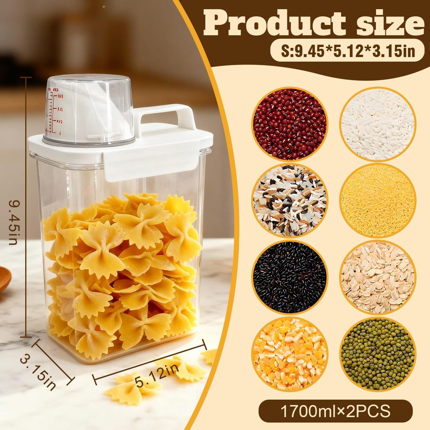 Upgraded Cereal Storage Container Set of 2 - 1700ML (57oz) Airtight Food Storage Organizer with Pour Spout & Measuring Cup for Rice, Flour, Sugar, Oatmeal, Pet Dog Cat Bird Food Dry Food Keep Fresh