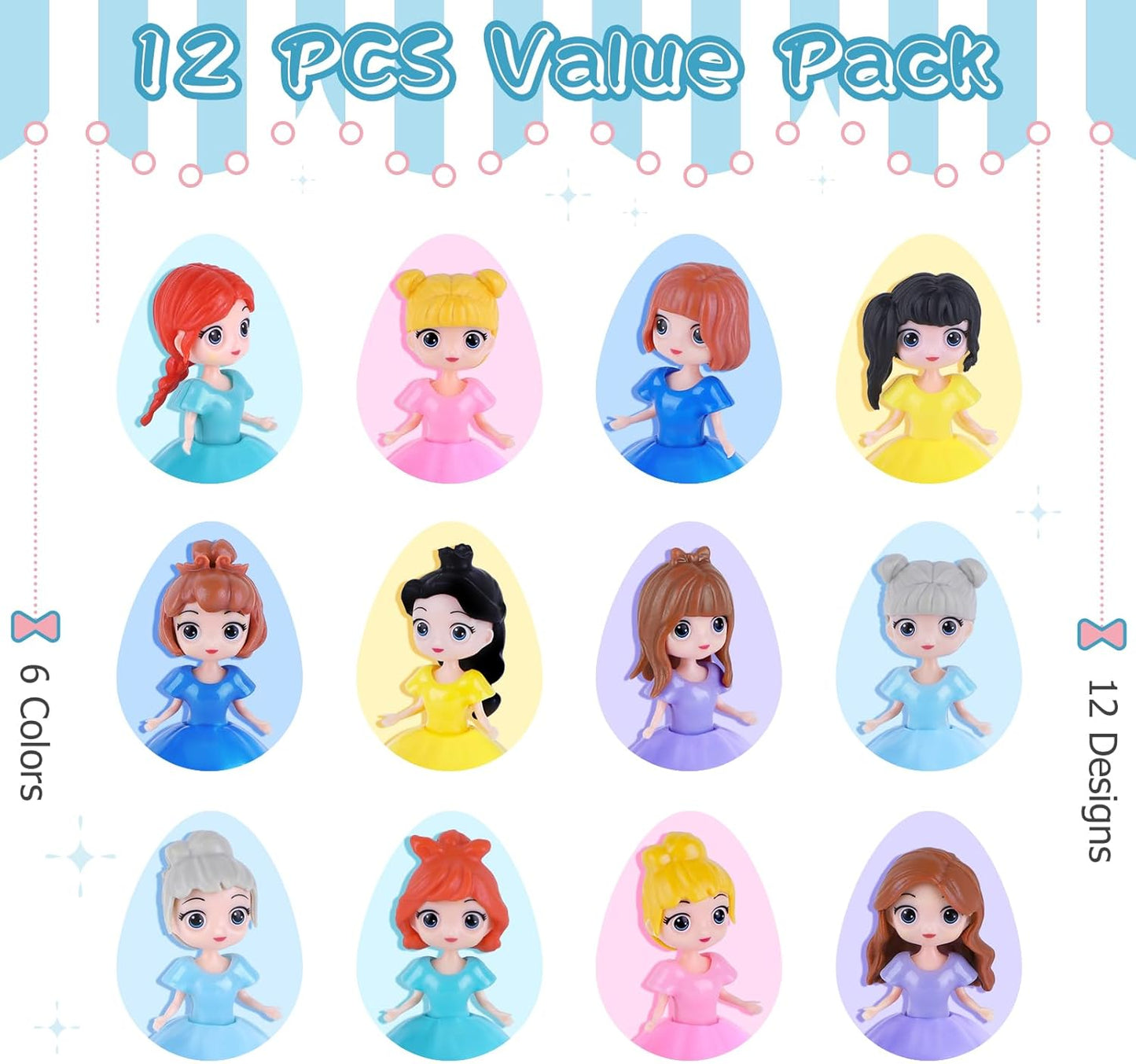 12 PCS Princess Prefilled Easter Eggs, Easter Basket Stuffer,Hunt Gifts for Kids, Classroom Prize and Party Favors