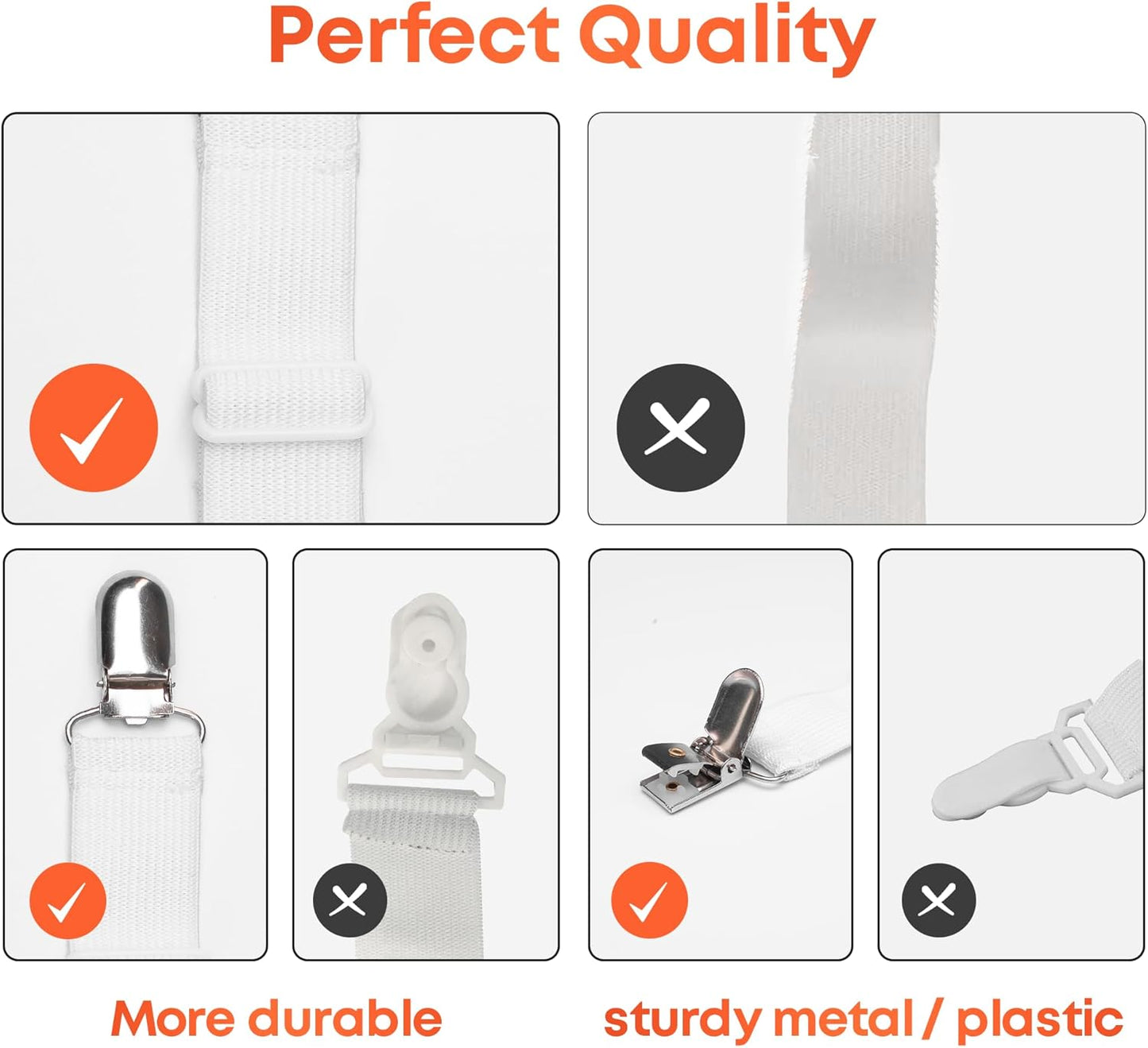 5 STARS UNITED Bed Sheet Straps Set | Easy to Use Adjustable Elastic Fasteners with Metal Clips | Sheet Holders for Corners | Fitted Sheet Clips to Hold Sheets in Place | (4 Pcs White)