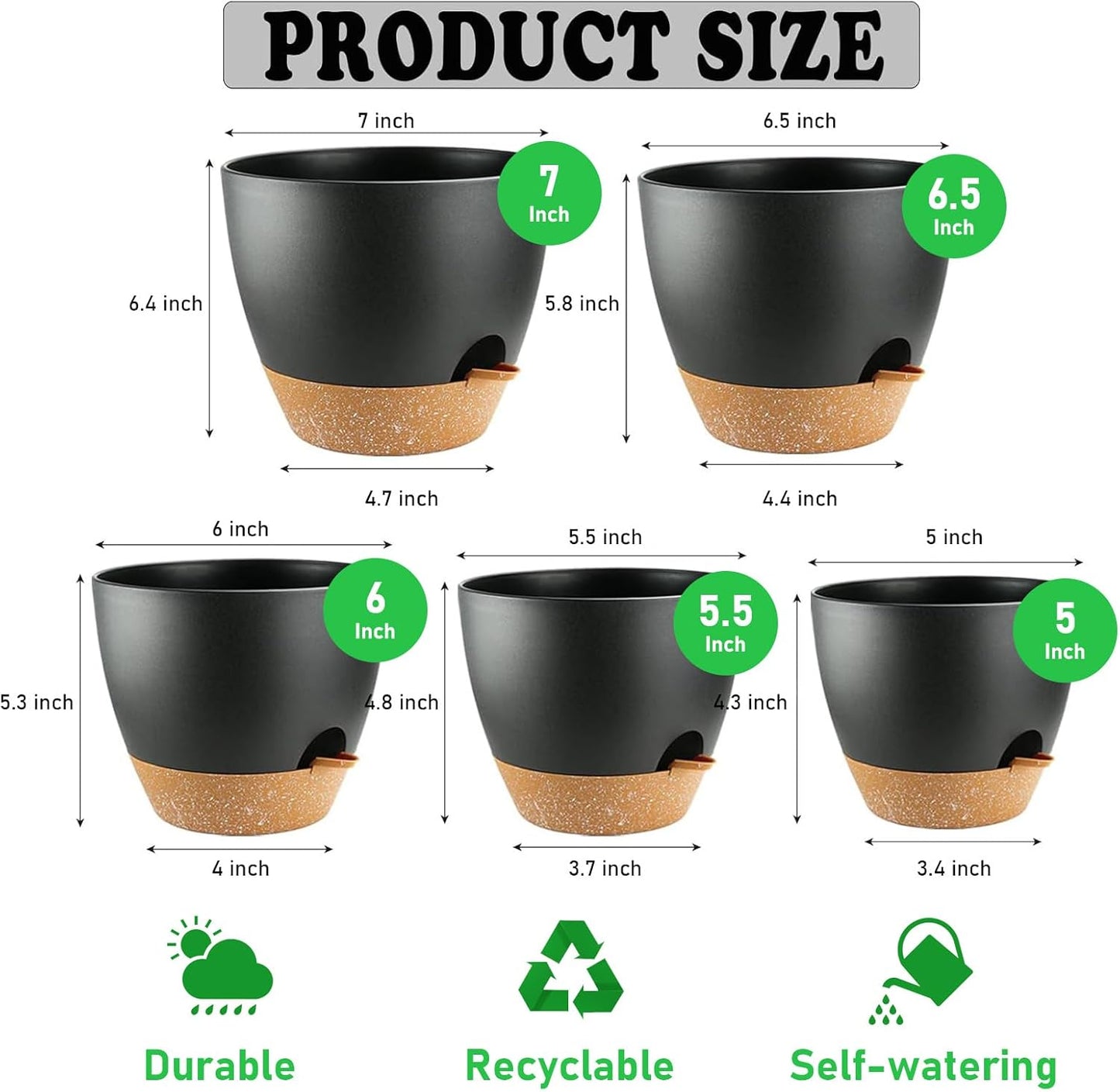 5-Pack Plant Pots with Drainage for Winter Care 7/6.5/6/5.5/5 Inch, Se