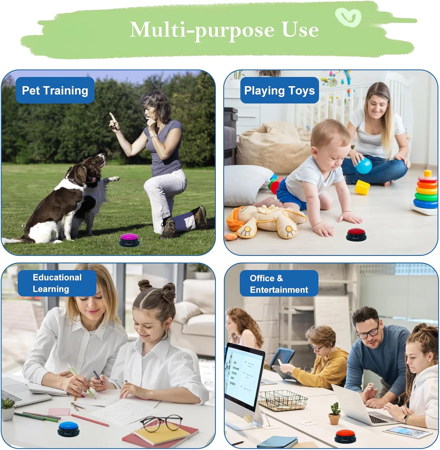 Set of 4 Dog Buttons for Communication, Voice Recordable Buttons for C
