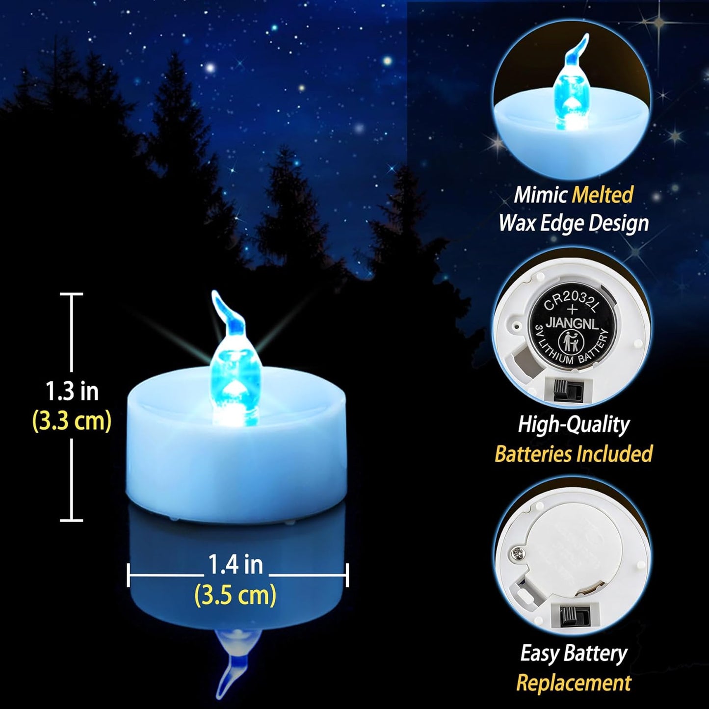 36 Pack Blue LED Tea Light Battery Operated, Flameless Blue Flickering Votive Tealight, Electric LED Fake Candle Bulk for Wedding, Party, Christmas, Halloween Pumpkin Lights Decorations