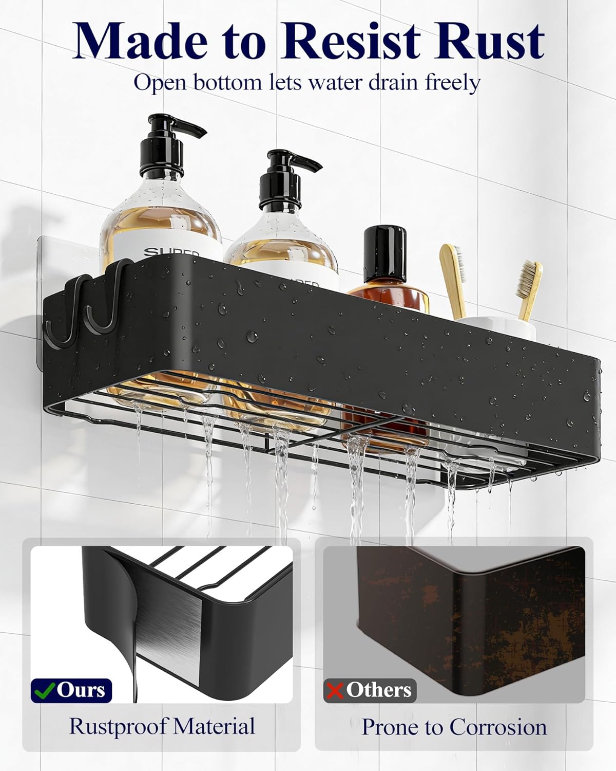 Kitsure Shower Caddy - 2 Pack Adhesive Shower Organizer, Rustproof Metal Shelves, No-Drill Bathroom Organizers and Storage, Black, Large