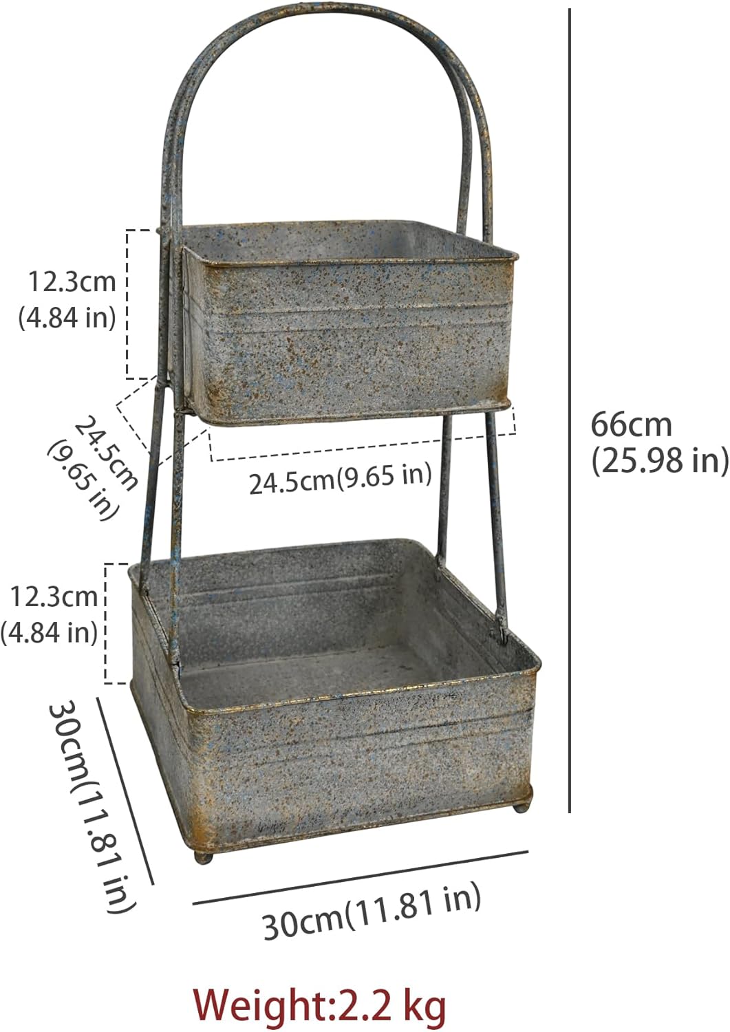 2-Tier Vintage Metal Storage Basket Farmhouse Distressed Double-Layer Kitchen Counter Organizers Rustic Organizing Bin for Kitchen Pantry (Gray)