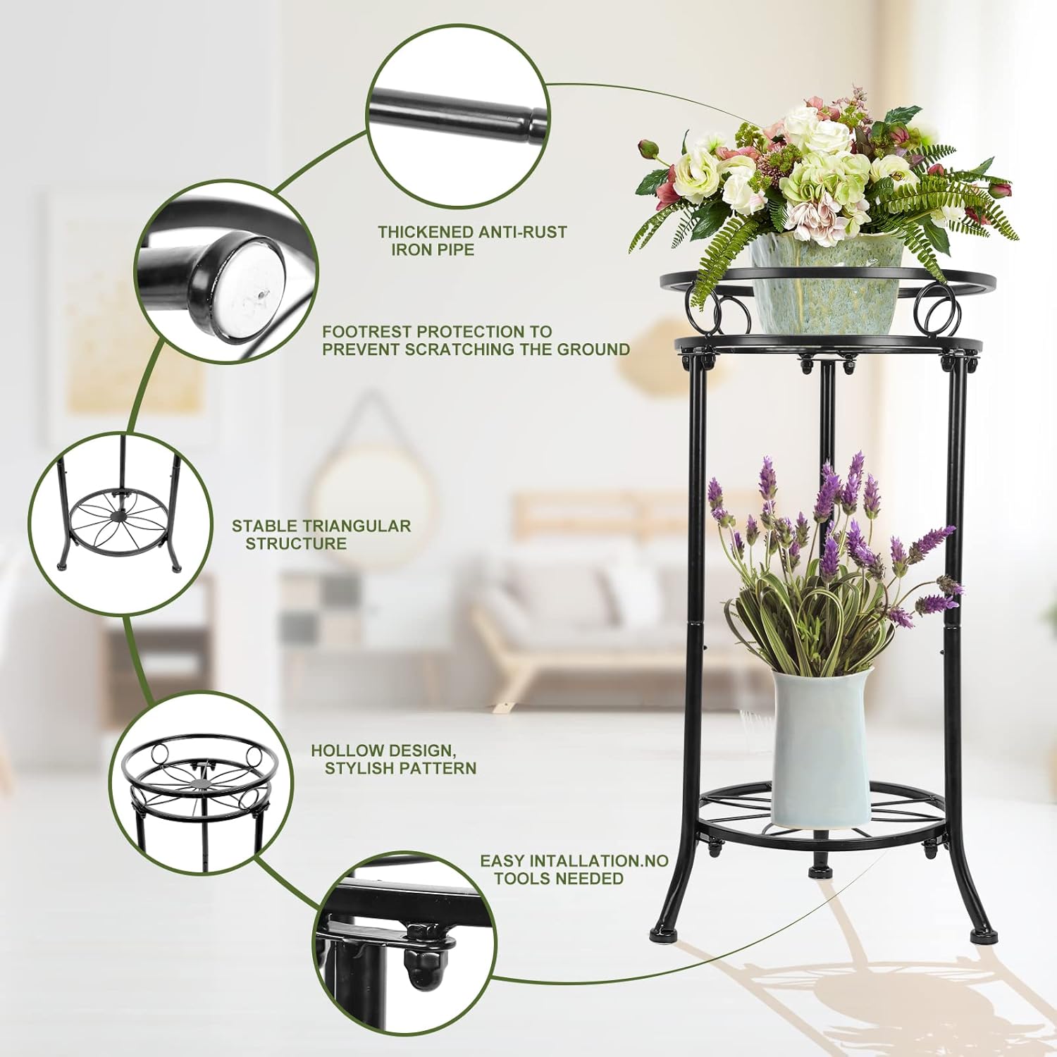Plant Stand Indoor 2-Tier,20.3 Outdoor Tall Metal Plant Stands Black,S