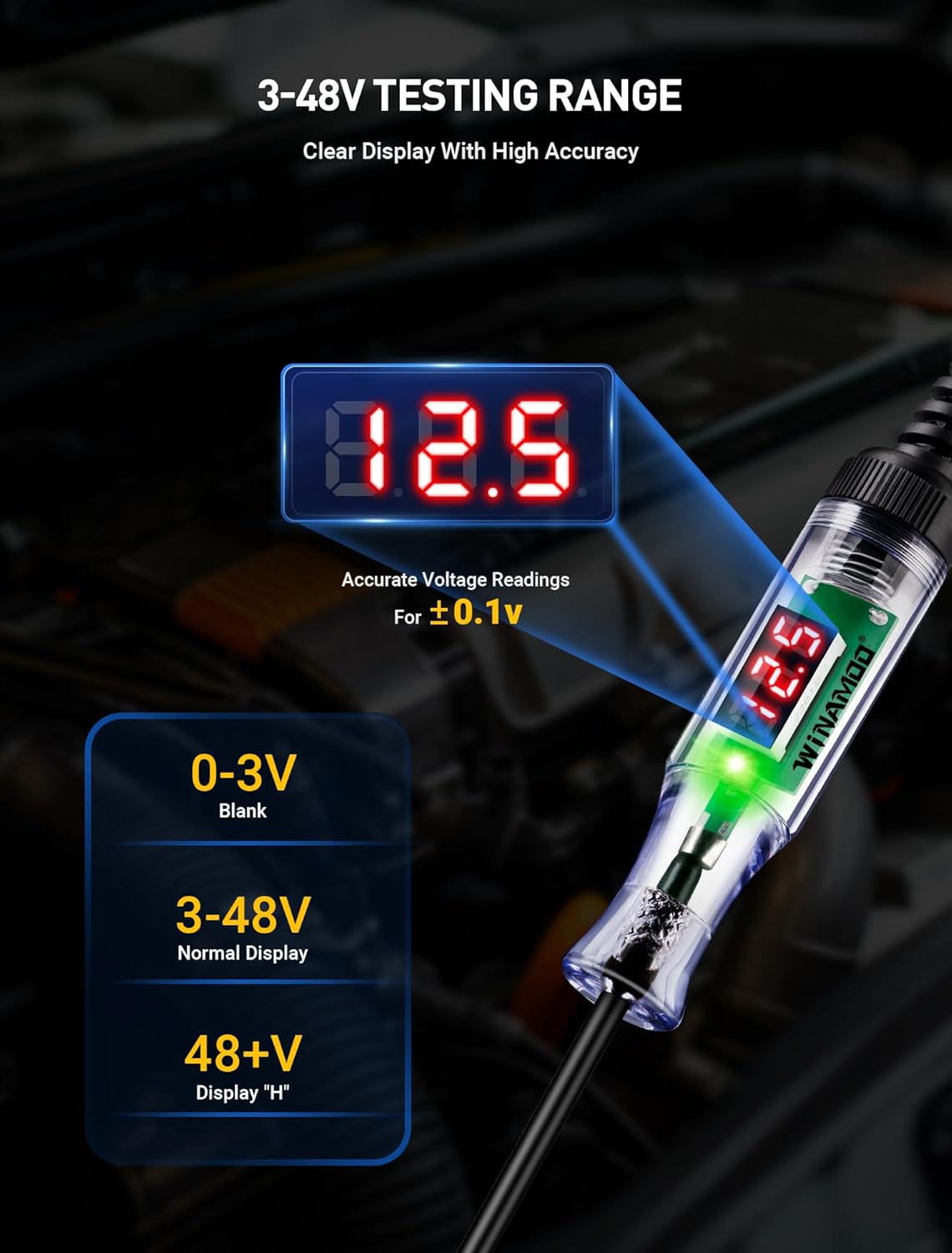 Automotive Test Light with 3-48V LED Digital Voltage Display, Auto Cir