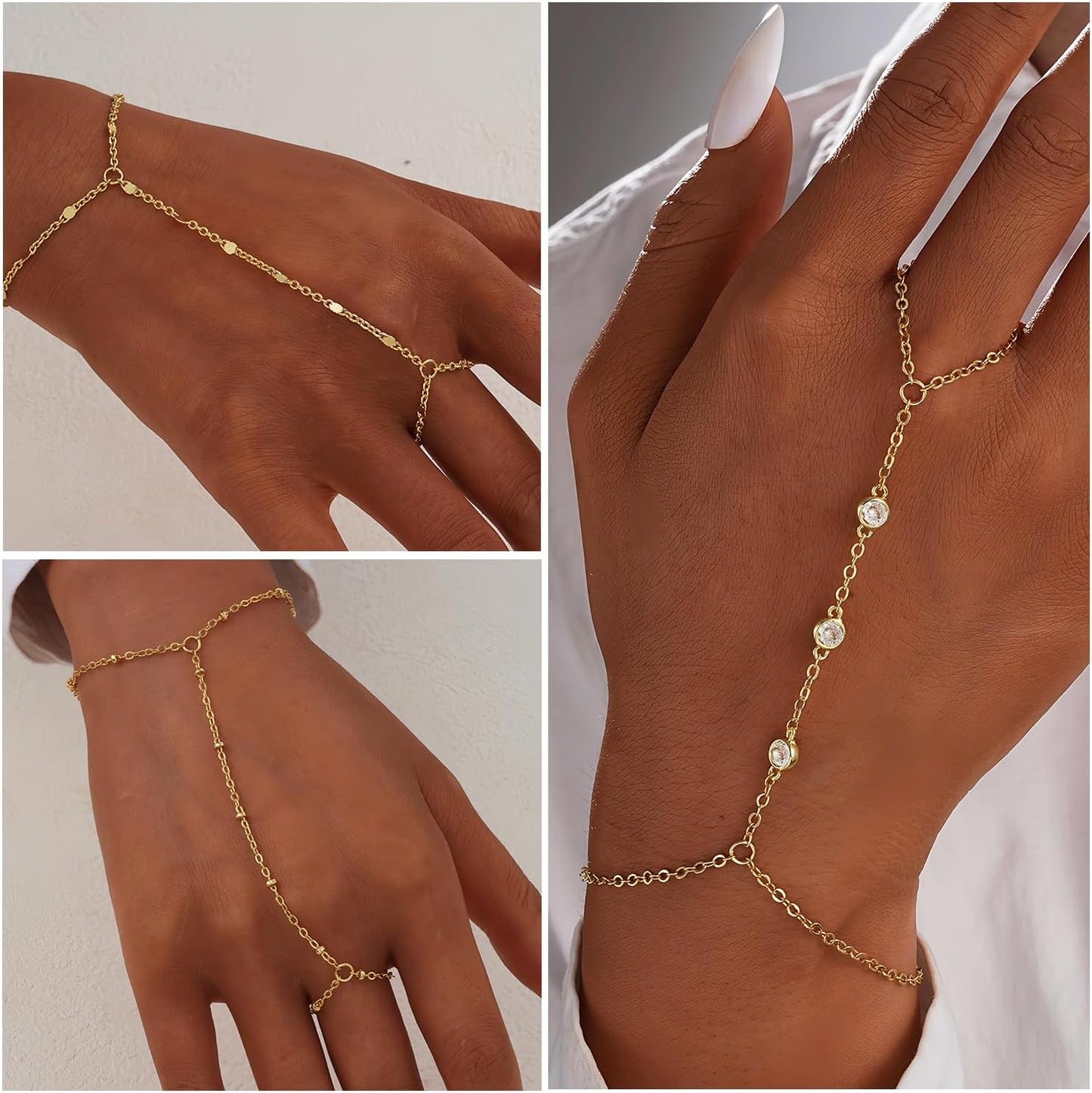 3PCS 14K Gold-Plated Hand Chain Bracelets for Women, Stack Bracelets S