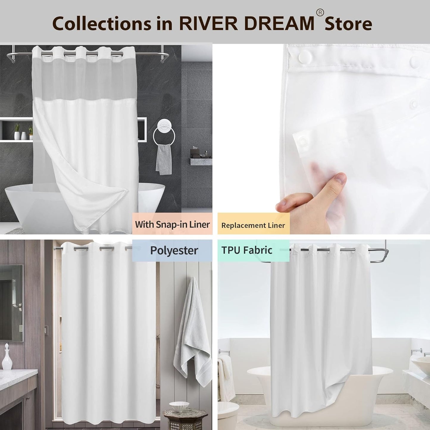 River Dream No Hook Slub Textured Shower Curtain with Snap-in PEVA Lin