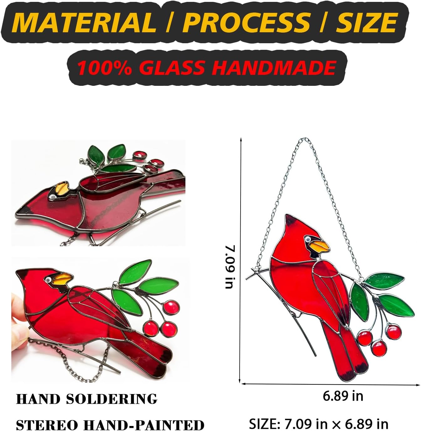 Red Birds Ornaments Stained Glass Suncatcher,Cardinal Stained Glass Window Hanging,Cardinal Decor for Housewarming,Cardinal Memorial Gifts for Women,Grandparents,Friends