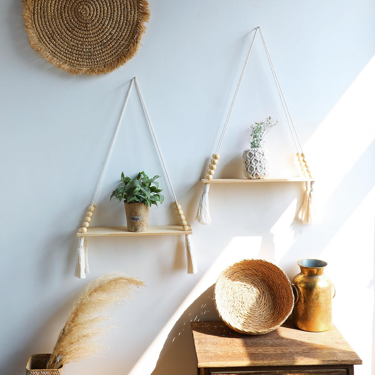 Artilady 2 Pack Wooden Wall Hanging Shelves - Macrame Hanging Plant Shelf with Tassel,Boho Storage Floating Shelves Handmade Rustic Hanger Planter Rack Pot Stand Holder