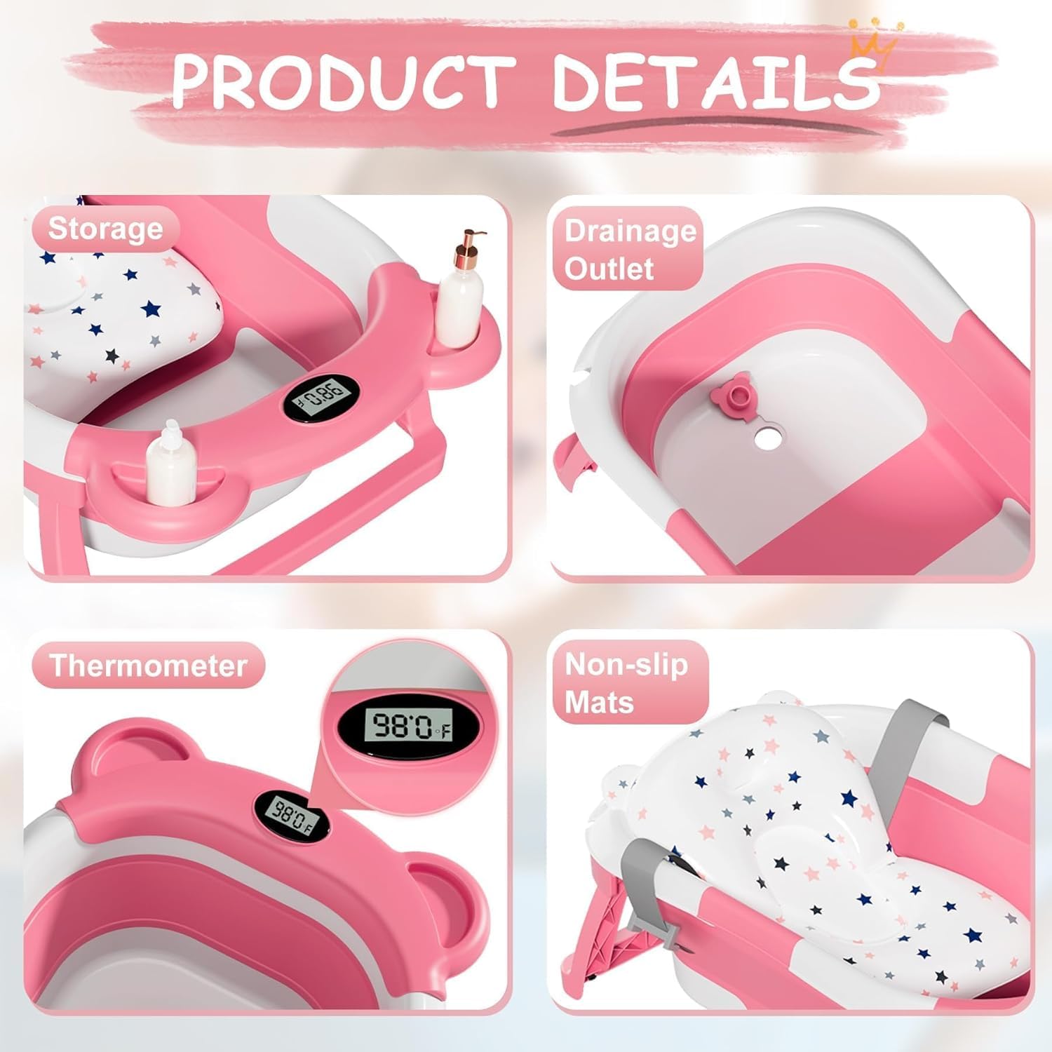 TPN Collapsible Baby Bathtub, Baby Bath Tub with Soft Cushion & Real-T