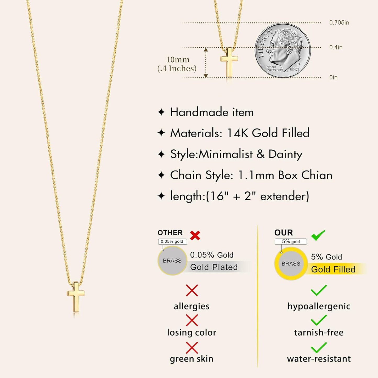 Easter Basket Stuffer Cross Necklace for Women Girls, Dainty 14K Gold 