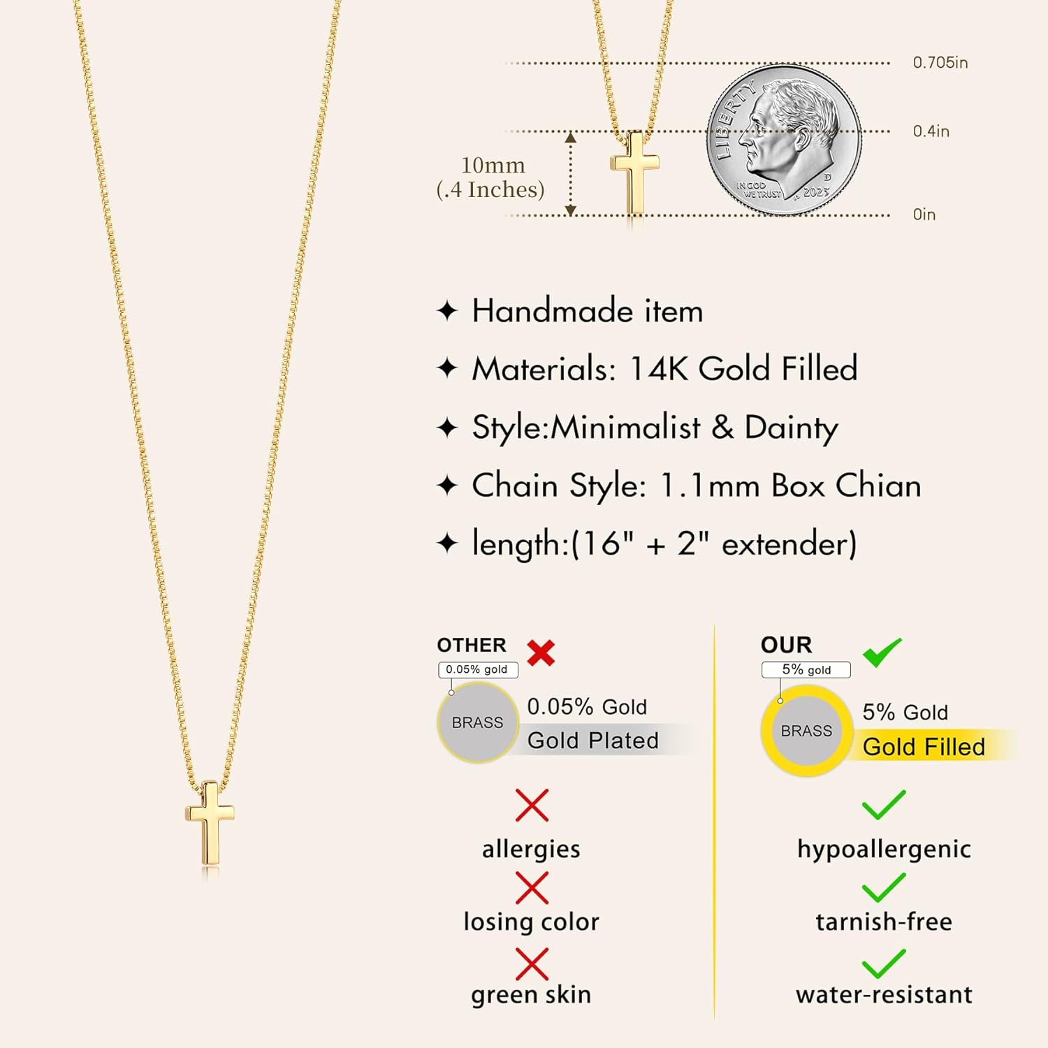 Easter Basket Stuffer Cross Necklace for Women Girls, Dainty 14K Gold 