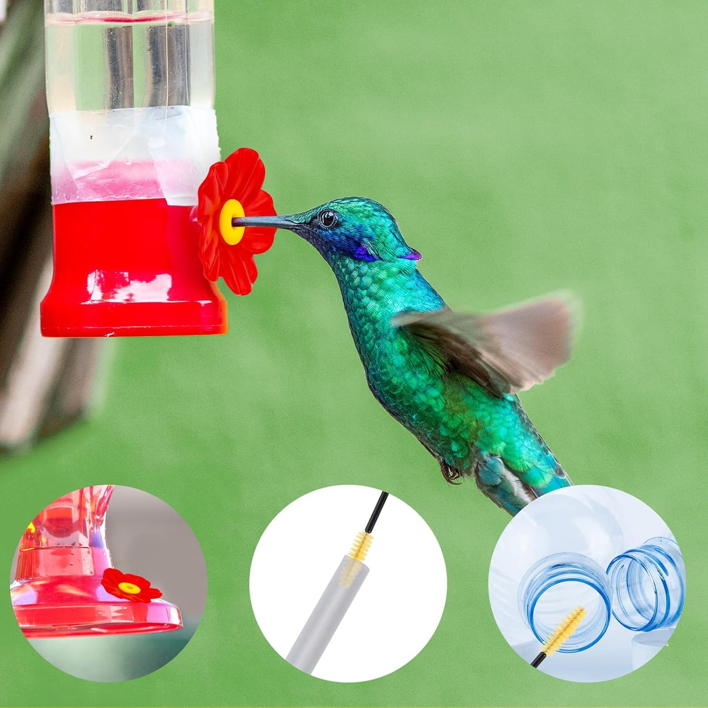 30pcs Hummingbird Feeders Replacement Flowers, PP Colorful Humming Bird Flowers with 2 Cleaning Brush Accessories Parts Bee Guards for Outdoors Hanging Feeders