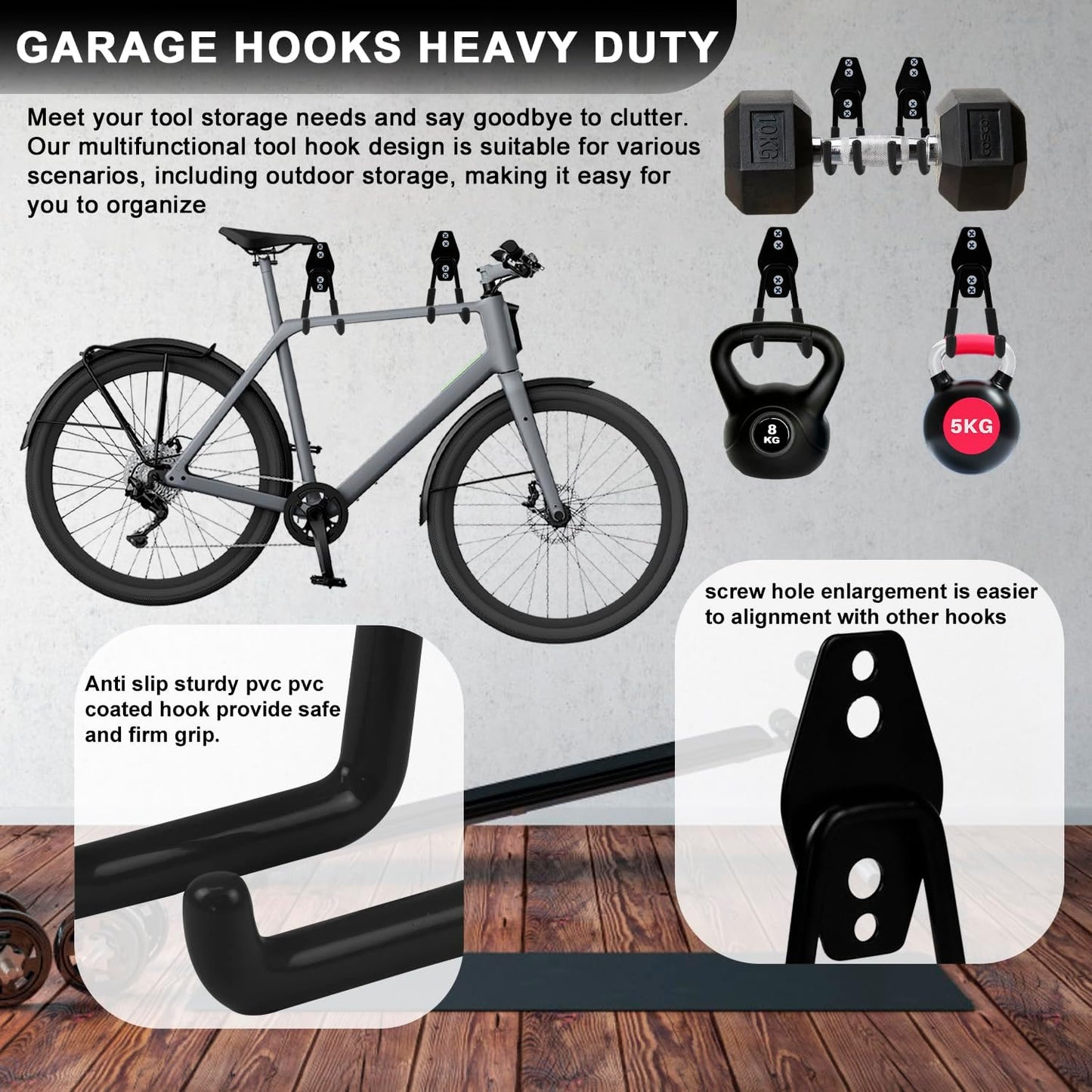 Garage Hooks, 12 Pack Heavy Duty Wall Mount Storage Hanger, Steel Garage Storage Hooks for Ladder, Bike, Garden Tool with Extension Cord Holder Organizer (Black)