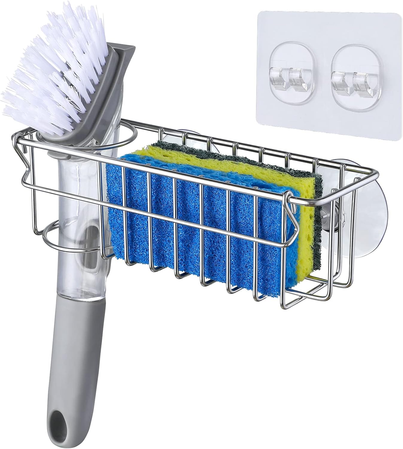 3-In-1 Sponge Holder for Kitchen Sink with Suction Cups & Adhesive Hoo