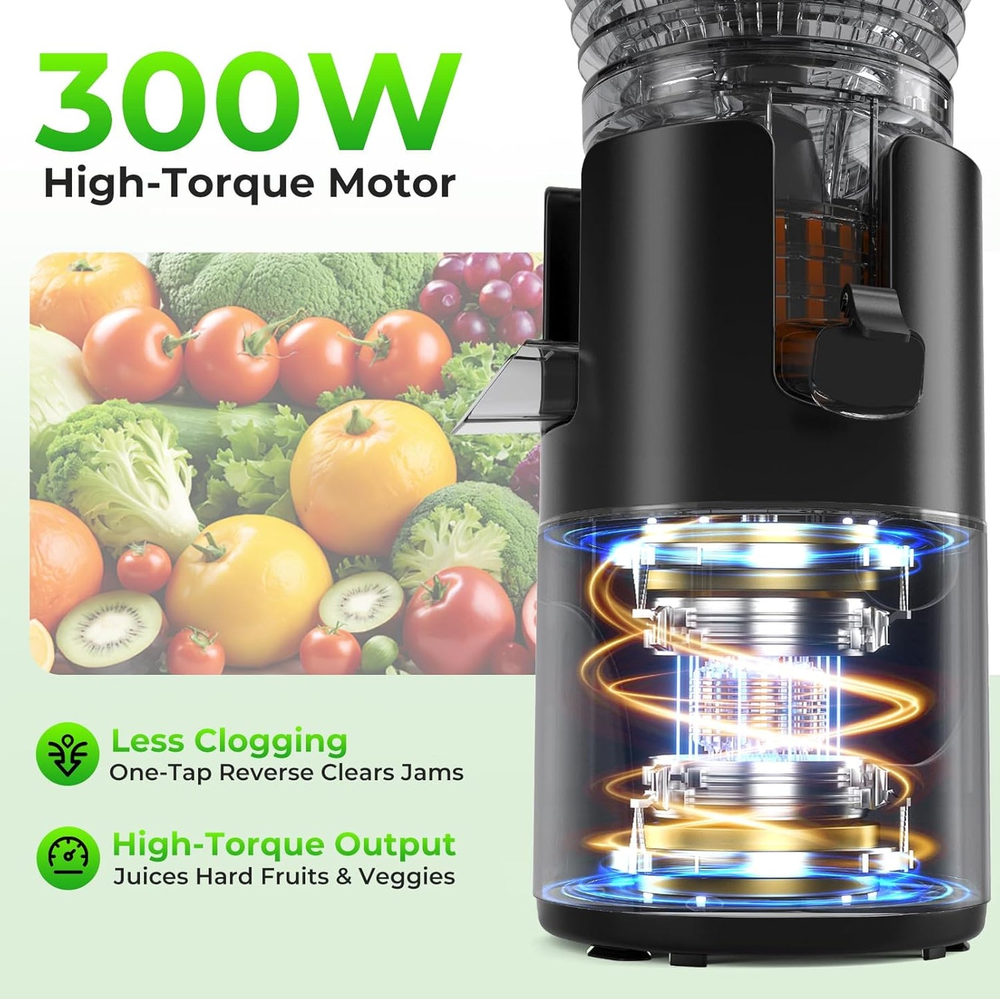 Juicer Machines with 5.8" Large Feed Chute, Slow Masticating Cold Press Juicer for Whole Fruits & Vegetables, Easy to Clean Design, High Juice Yield Home Juicer for Daily Wellness