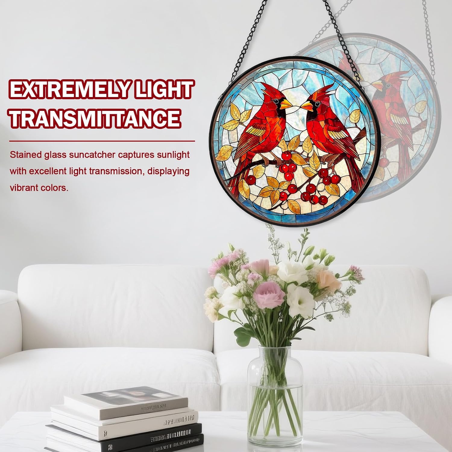 Red Cardinal Stained Glass Window Hanging, Hummingbird Suncatcher Diam