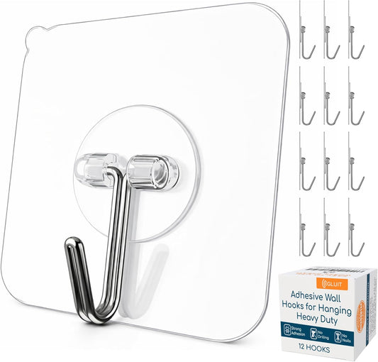 GLUIT Adhesive Wall Hooks for Hanging Heavy Duty 22 lbs Hooks for Walls No Drill, Towel Sticky Clear Hook, Waterproof, Home, Bathroom, Kitchen, Office, and Outdoor 12 Pack