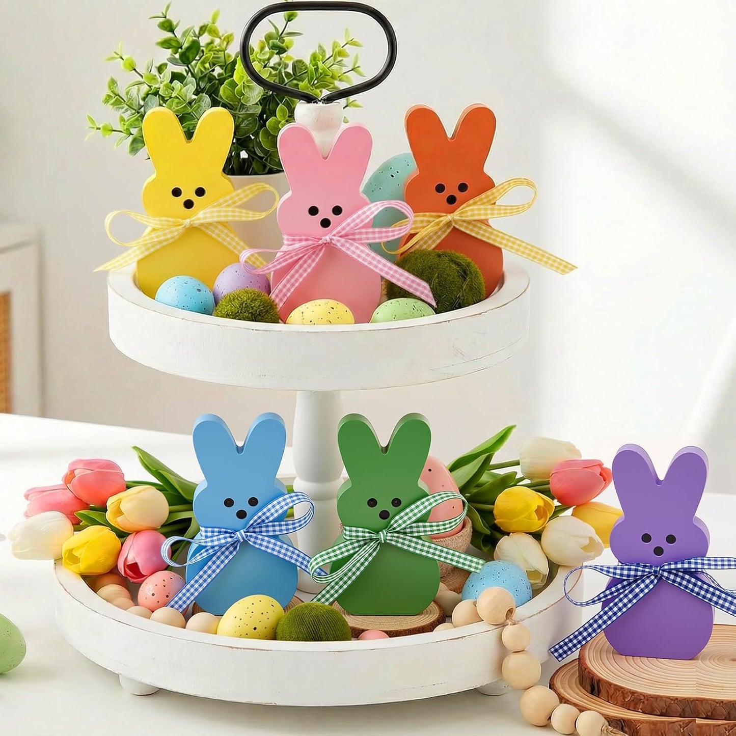 Easter Decorations for Home, 6 Pcs Wooden Bunny Table Decorations Sign