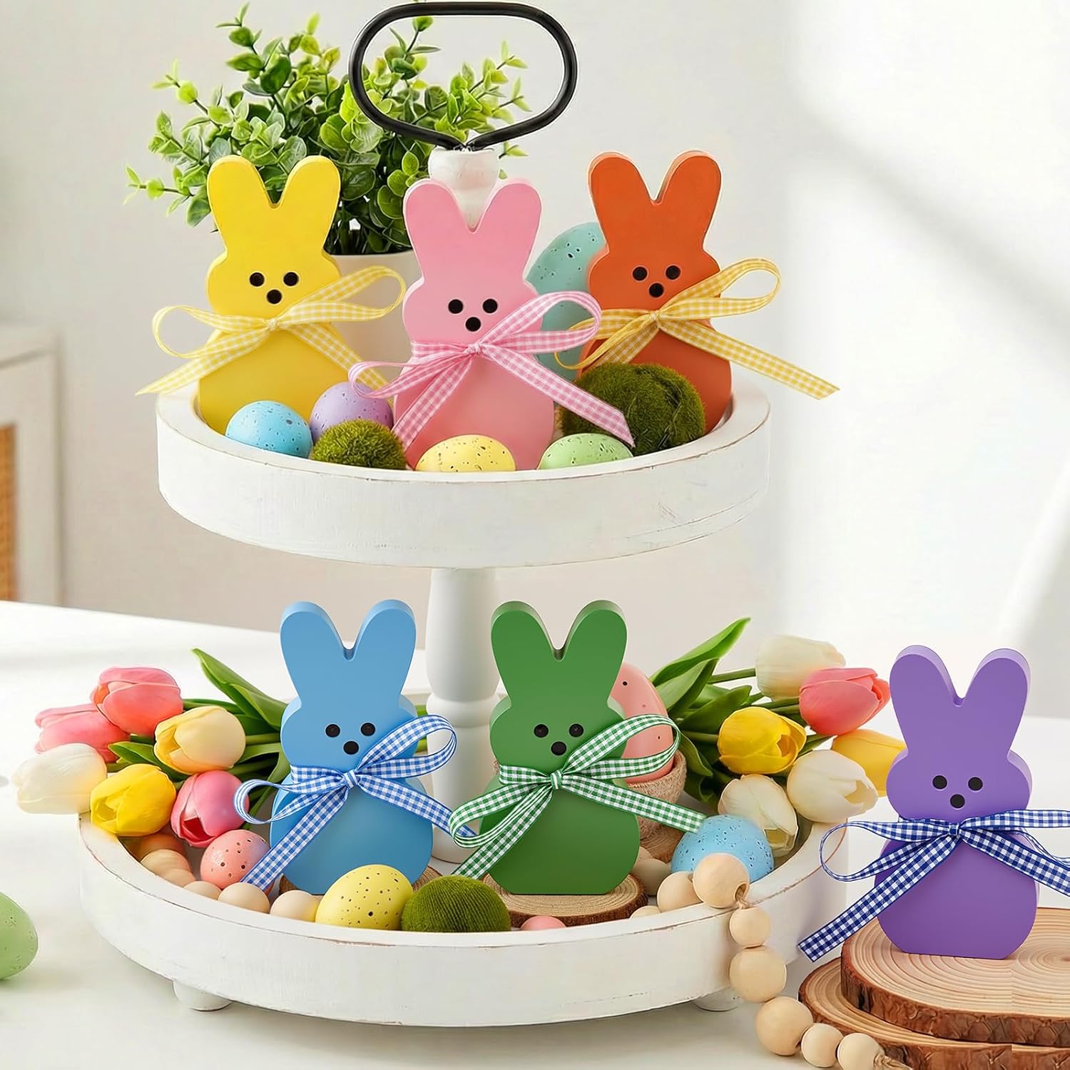Easter Decorations for Home, 6 Pcs Wooden Bunny Table Decorations Sign