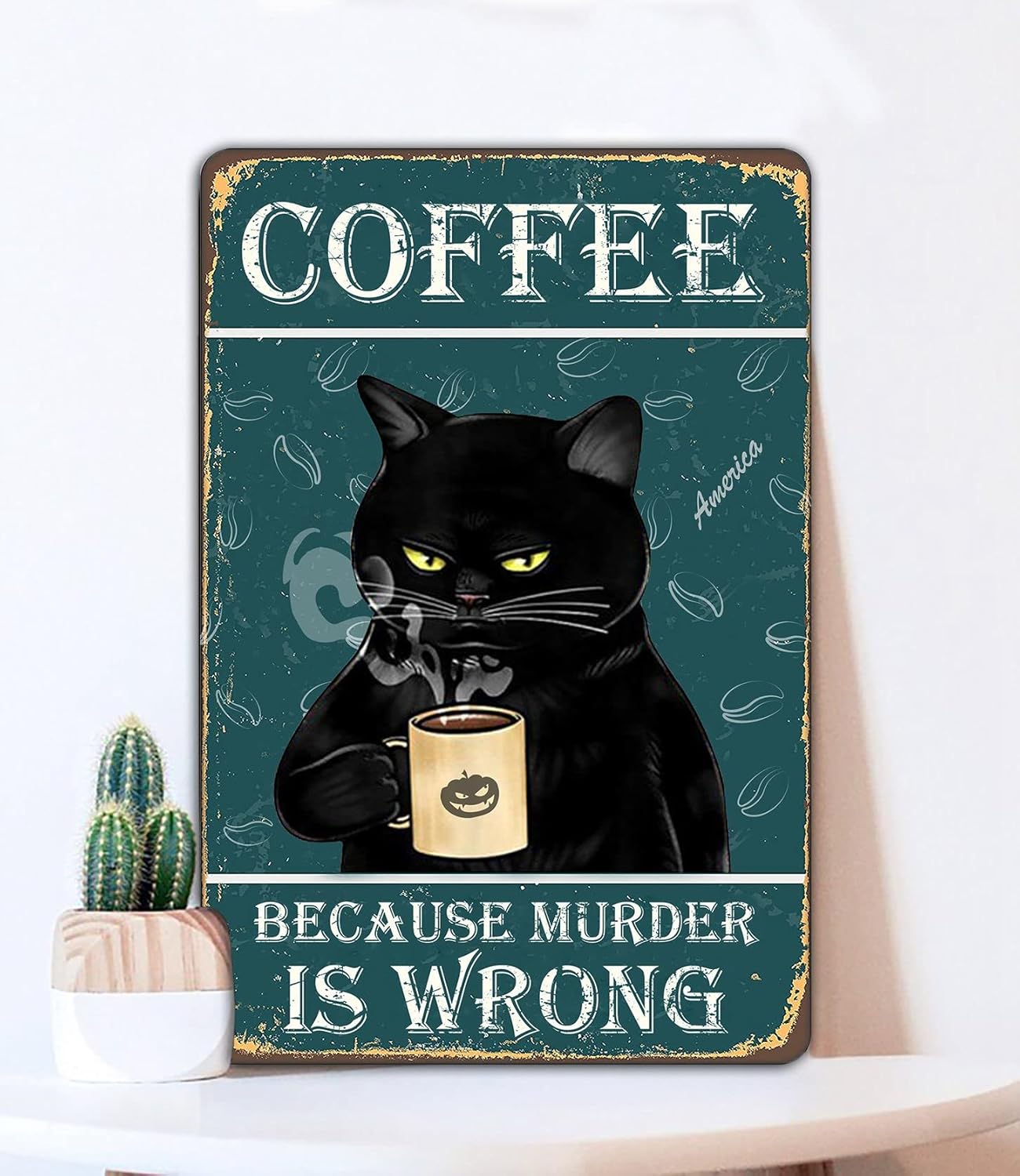 Bestylez Funny Black Cat Signs - Coffee Lovers Kitchen Decor, 12 x 8 I