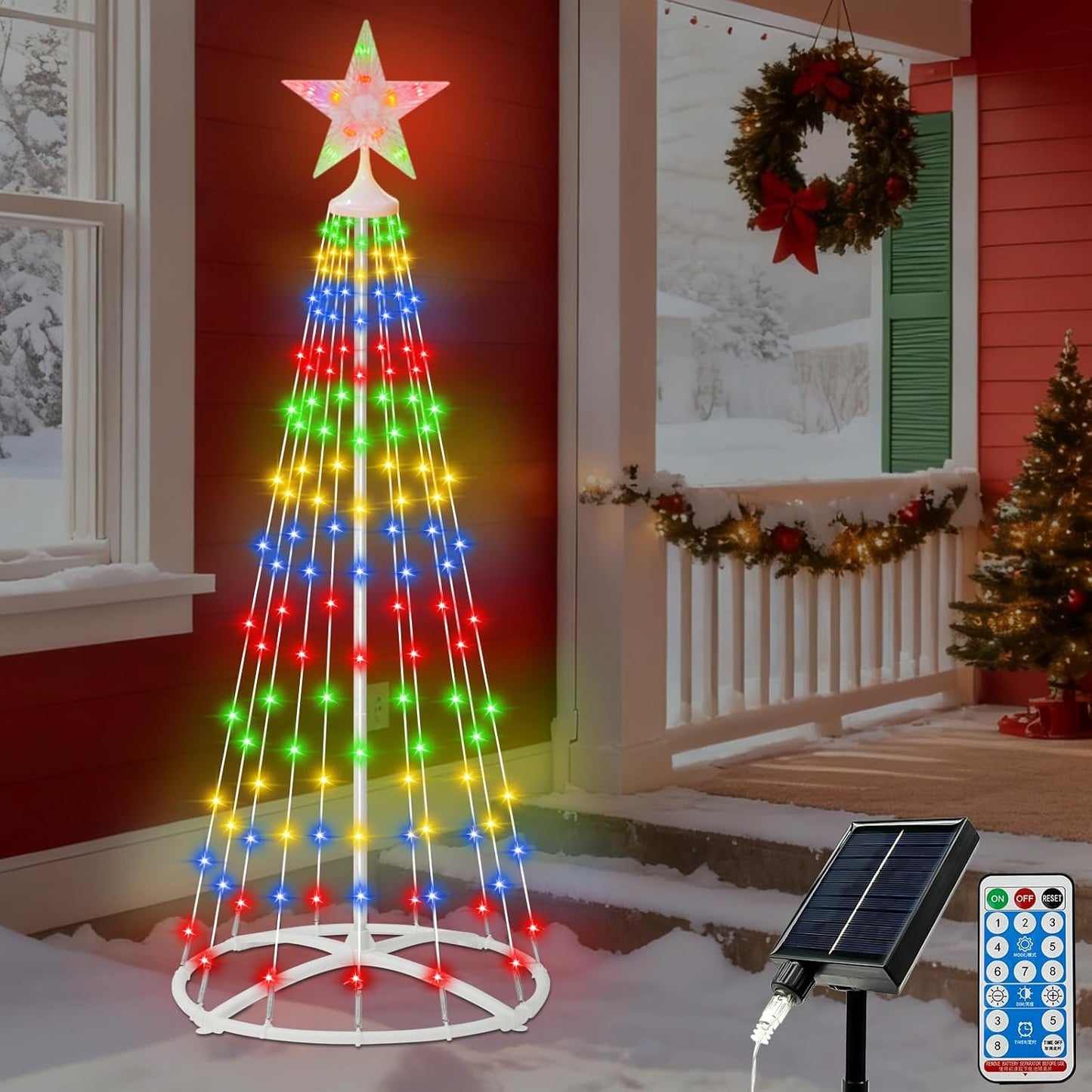 IDEAALS 5FT 154LED Outdoor Solar Christmas Cone Tree Lights, 8 Modes Timer Remote RGB Christmas Tree Lights with Star Topper for Xmas Yard Porch Patio Holiday Decor
