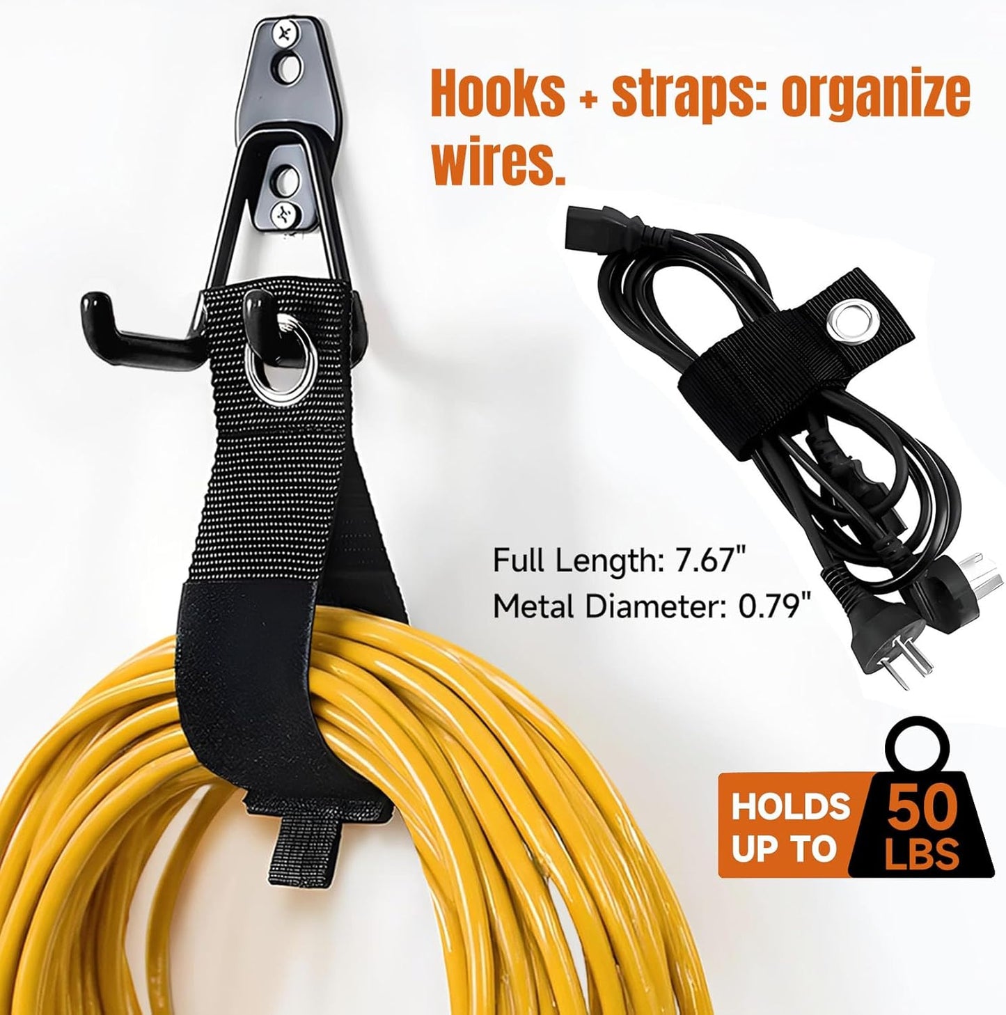 12 Pack Garage Hooks, 2 Extension Cord Storage Straps, Steel Utility Wall Mount Storage Organizer with Anti-Slip Coating for Hanging Ladders, Bikes, Garden Tools, Hose