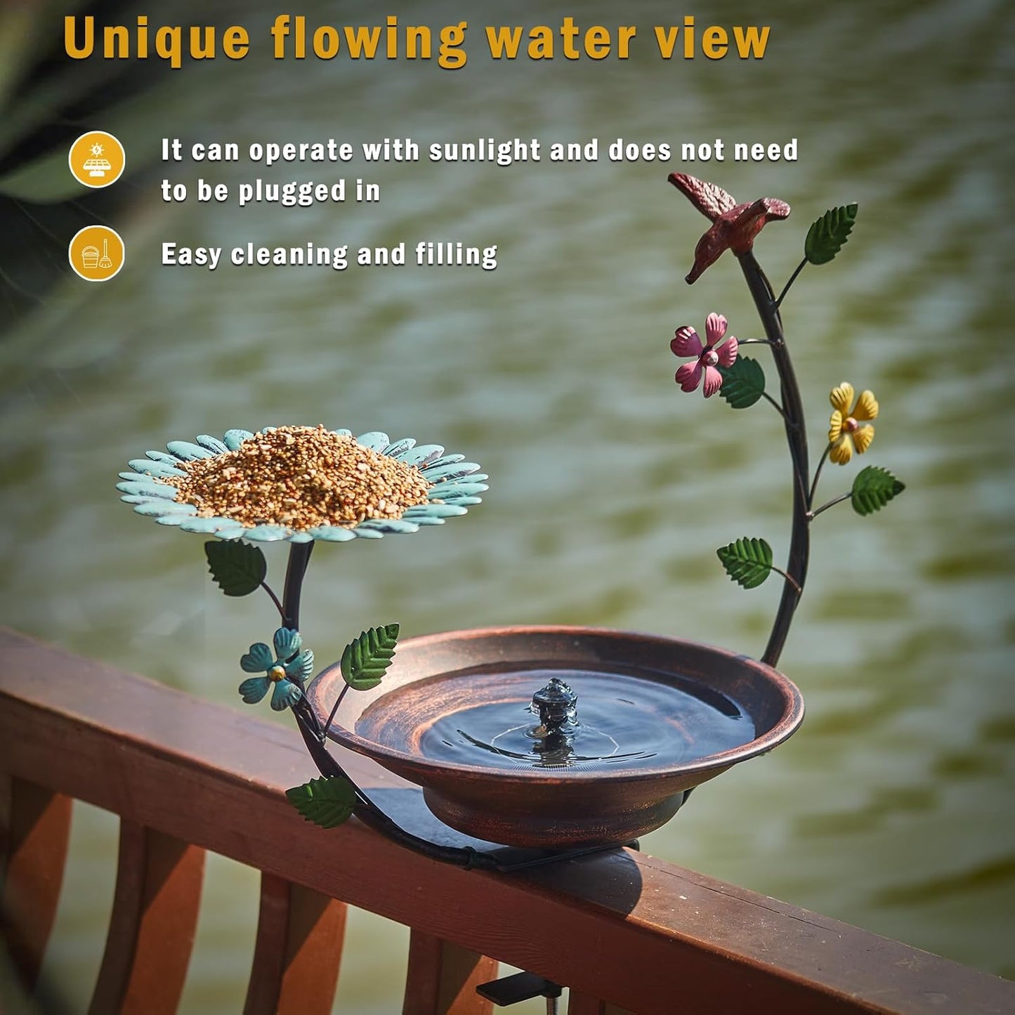 Solar Bird Bath,Deck Bird Bath with Solar Fountain,Metal Bird Bath Bubbler,Deck Mounted Bird Bath and Bird Feeder,Balcony Bird Bath,with Adjustable Heavy Duty Clamp for Patio Porch Garden