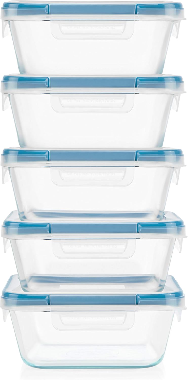 Snapware Glass Total Solutions (5-Pack, 4 Cup) Food Storage Containers Set, Airtight & Leakproof Plastic Locking BPA-Free Lids, Freezer Dishwasher Microwave Safe