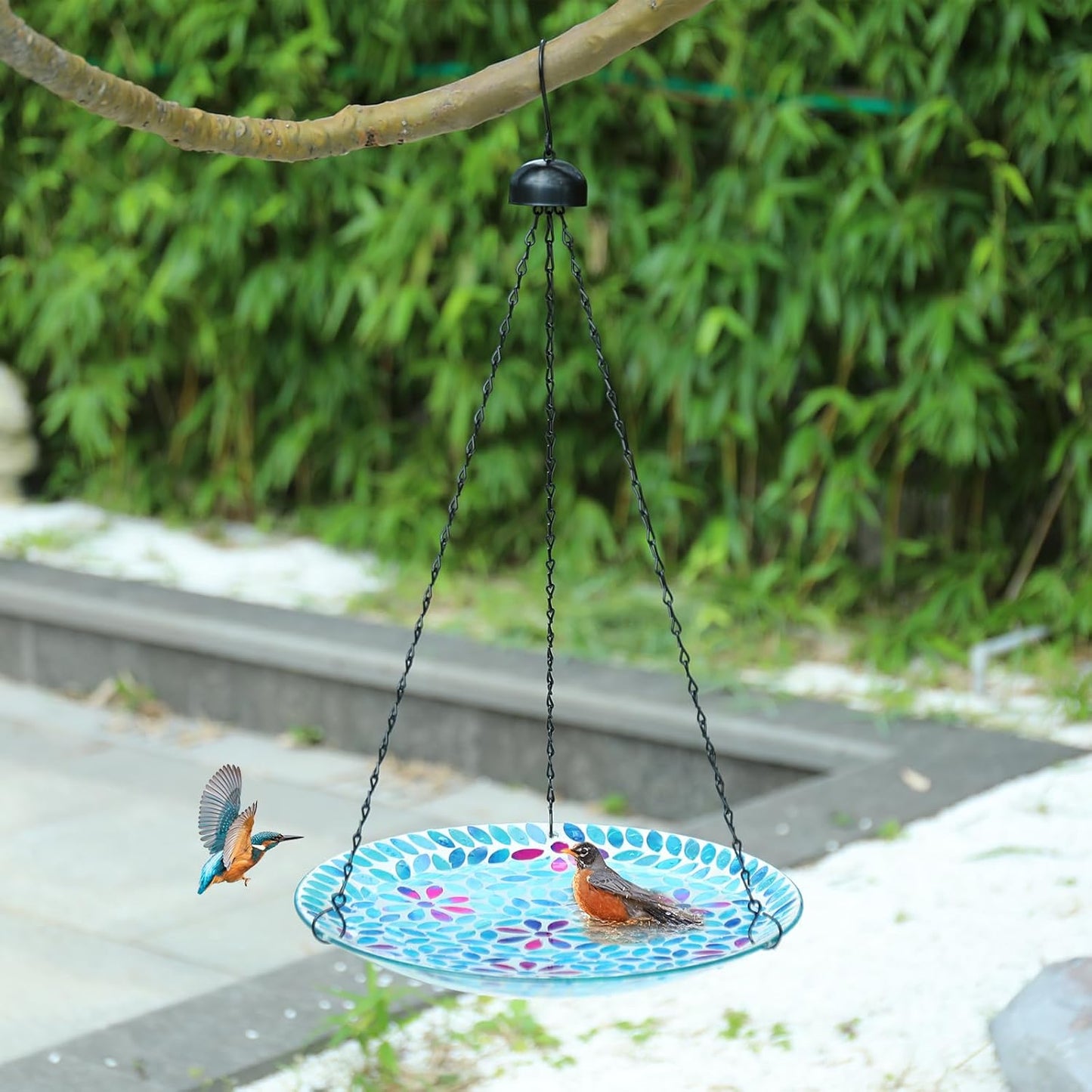 MUMTOP Mosaic Hanging Bird Bath-Bird Baths for Outdoors - 12 Inch Glas