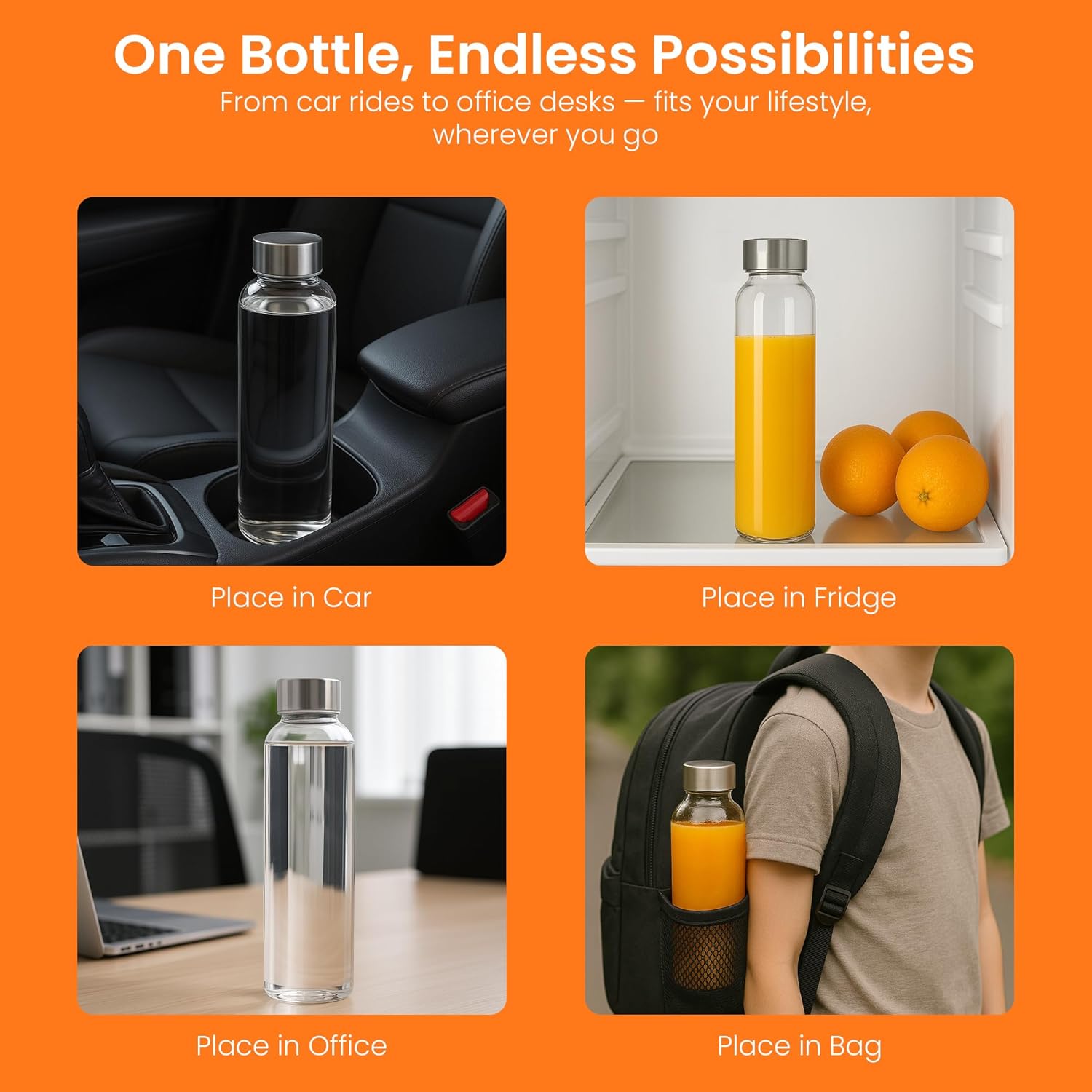 Epica Clear Glass Bottles with Lids, 18oz Resuable Glass Water Bottles