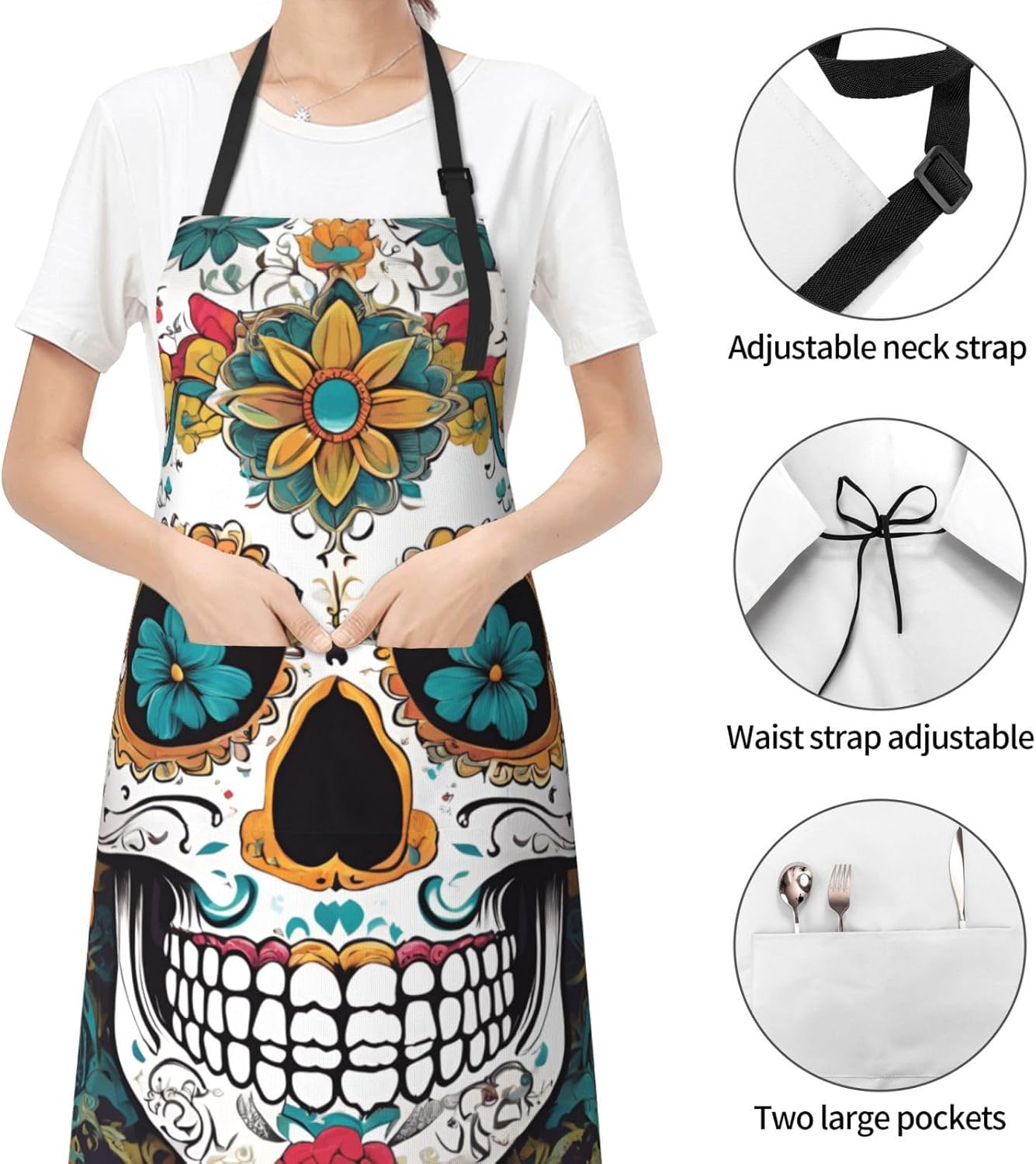 YANYU Floral Skull Print 28x33 In Kitchen Apron Stylish Chef Apron with Pockets for Cooking Baking Painting