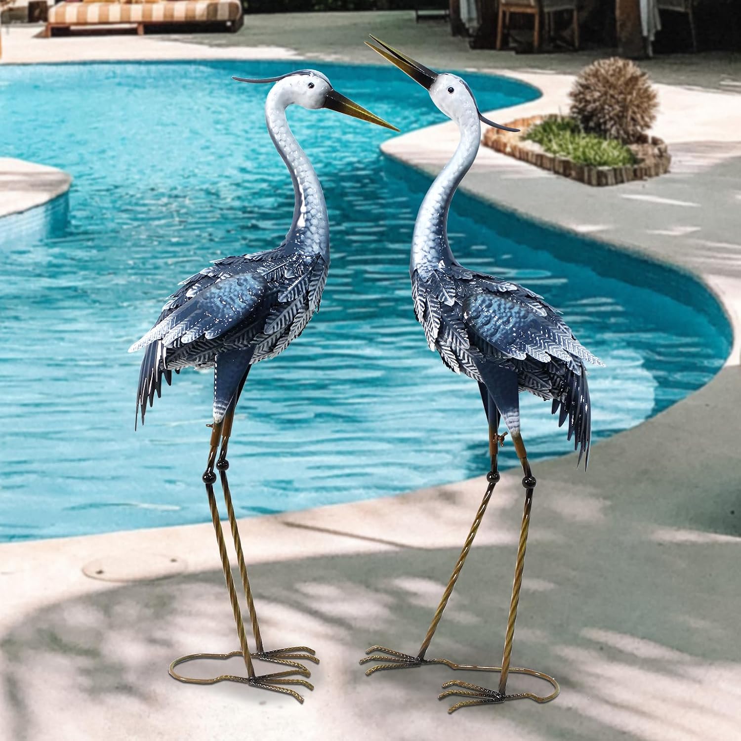 33-35 Inch Blue Heron Garden Statues, Metal Cranes Sculptures Outdoor,