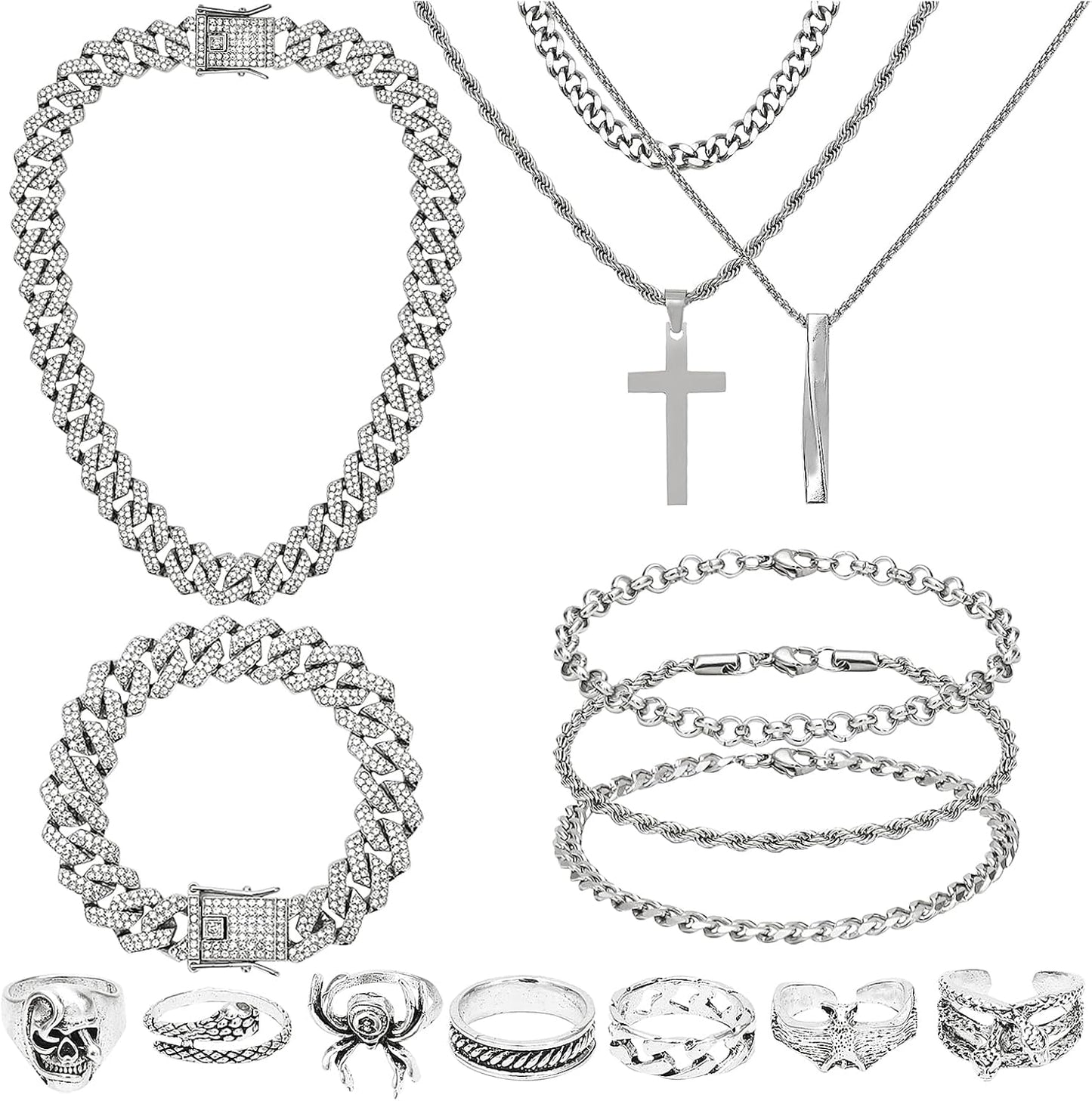 NEWITIN 15 Pieces Silver Jewelry Set for Men Stainless Steel Cuban Lin