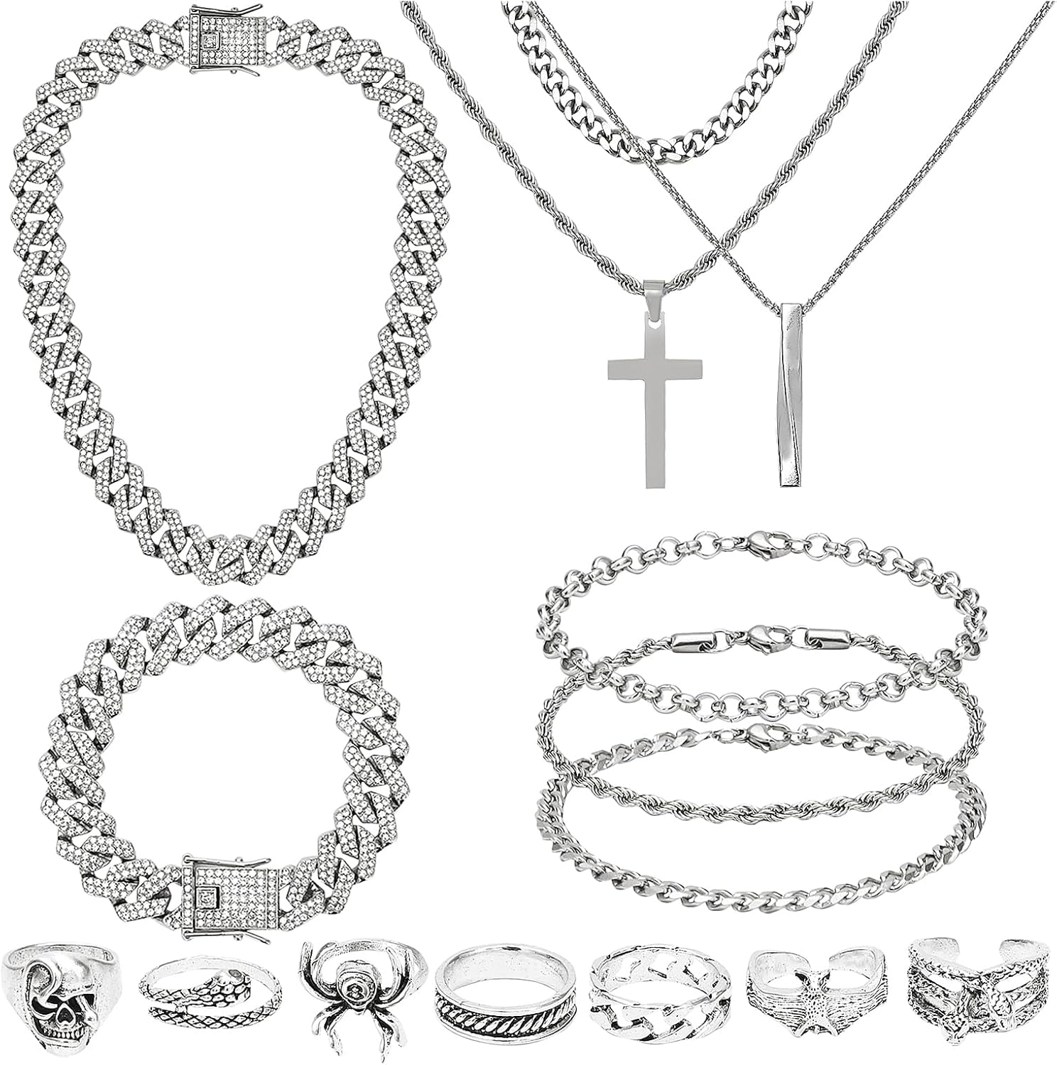 NEWITIN 15 Pieces Silver Jewelry Set for Men Stainless Steel Cuban Lin