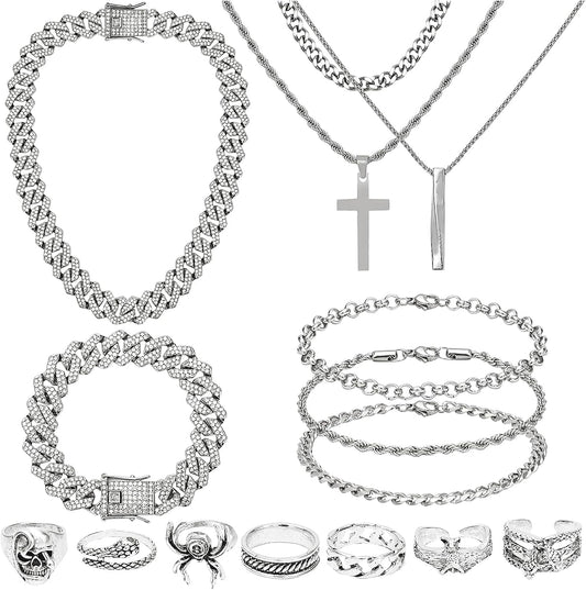NEWITIN 15 Pieces Silver Jewelry Set for Men Stainless Steel Cuban Lin