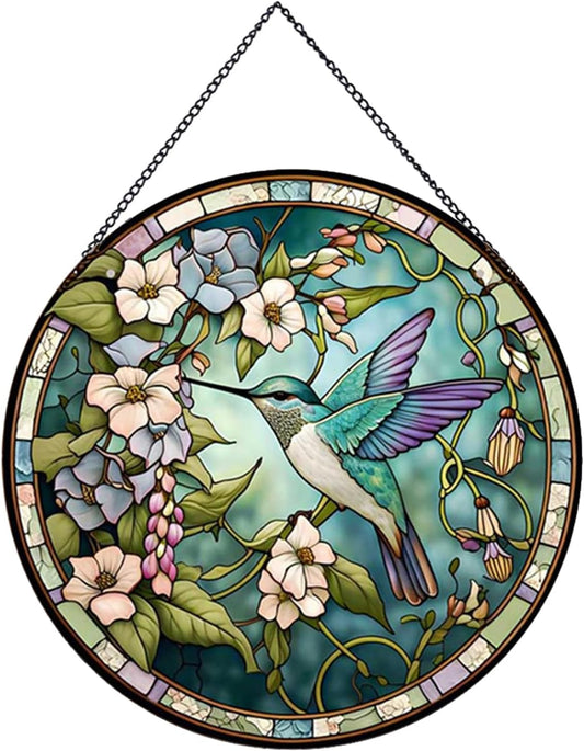 Hummingbirds and Flowers Pattern Stained Glass Suncatchers for Windows,Hanging Stained Glass Suncatcher,20cm/7.87inch Hand-Painted Sun Catcher Garden Painted Glass Panel Decor Themed Gift