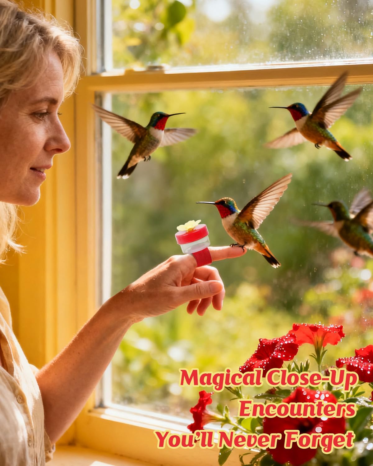 Pawfly 4 Pcs Hand Held Hummingbird Feeders with Cleaning Brushes, Mini Flower Handheld Hummingbird Feeders for Outdoors, Plastic Hummingbird Ring Feeders, Hummingbird Hand Feeders, Wild Bird Feeders