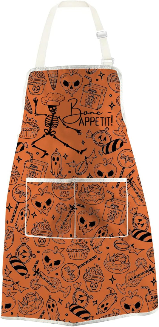 WCGXKO Bone Appetit Skeleton Halloween Kitchen Apron Halloween Cooking Gift Spooky Chef Gift for Chef