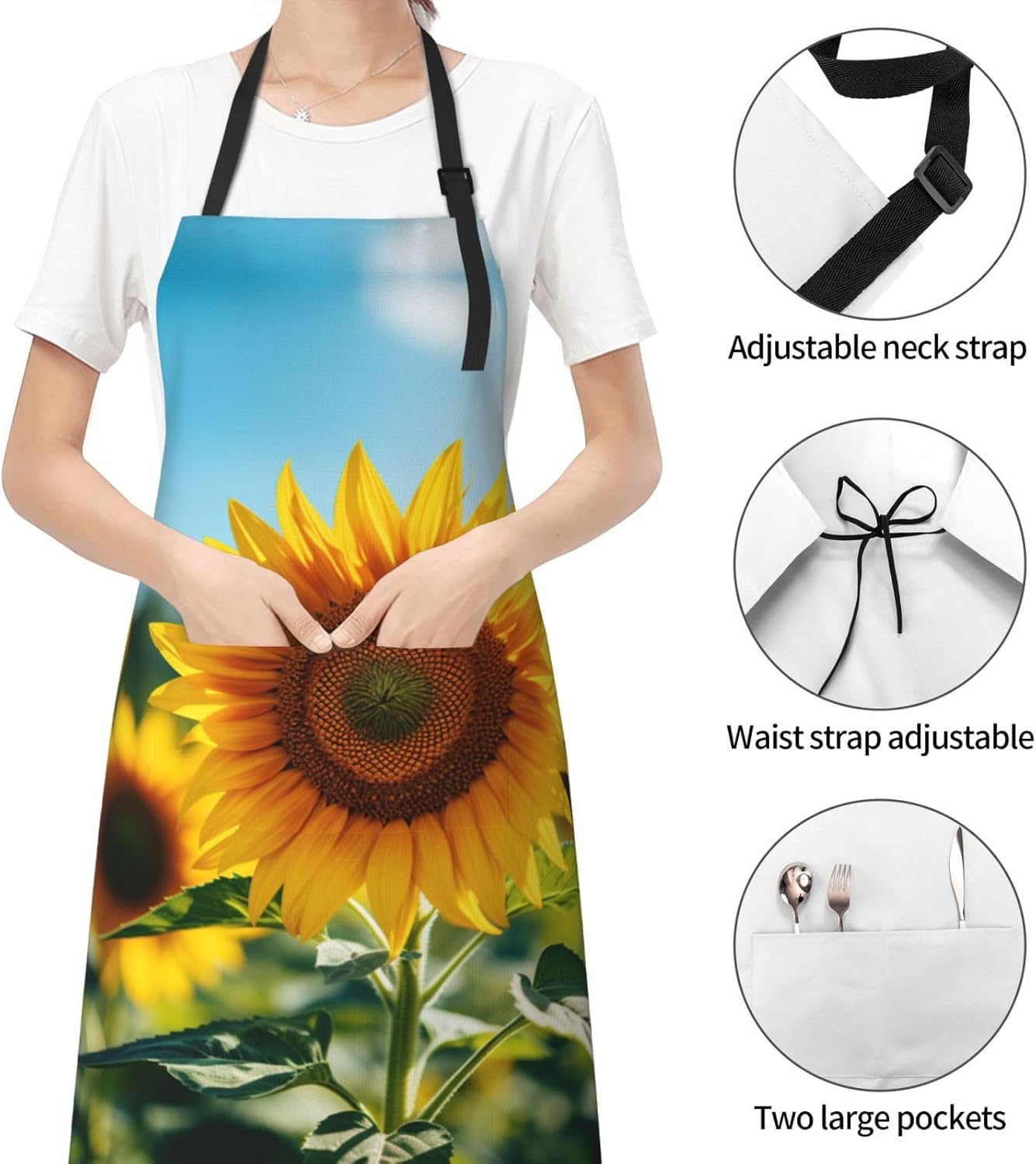 sunflower print Waterproof apron with pocket adjustable cooking apron 