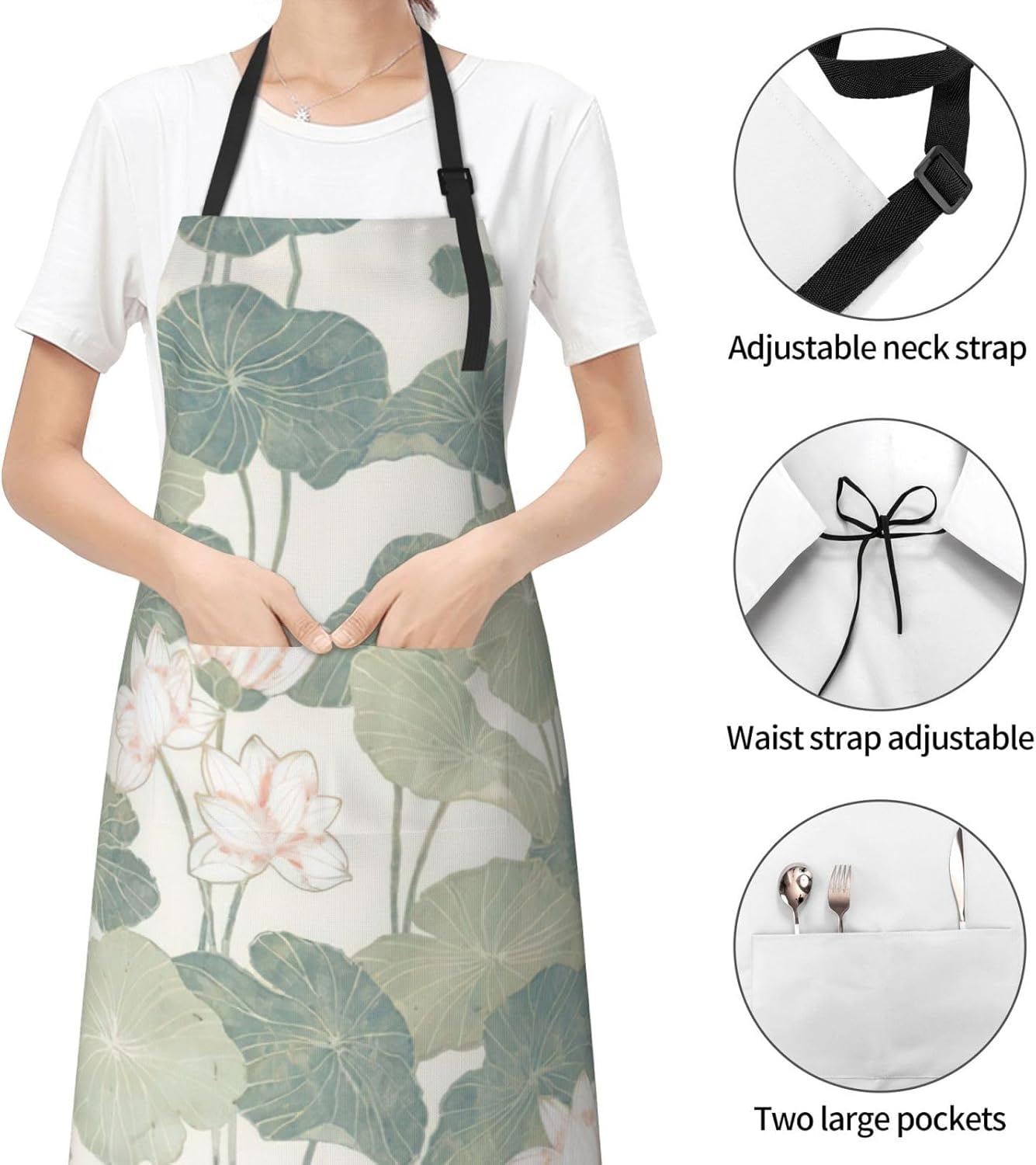 Black Lily Pads print Waterproof apron with pocket adjustable cooking apron for adult kitchen bibs to bake