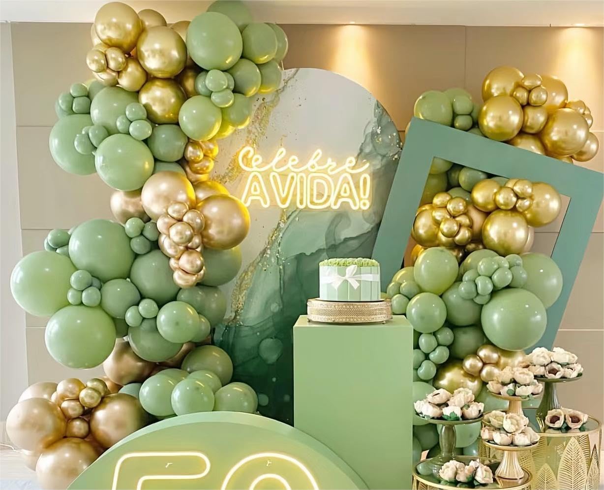 Sage Green White Gold Balloon Garland Arch Kit, 146Pcs Latex Balloons 