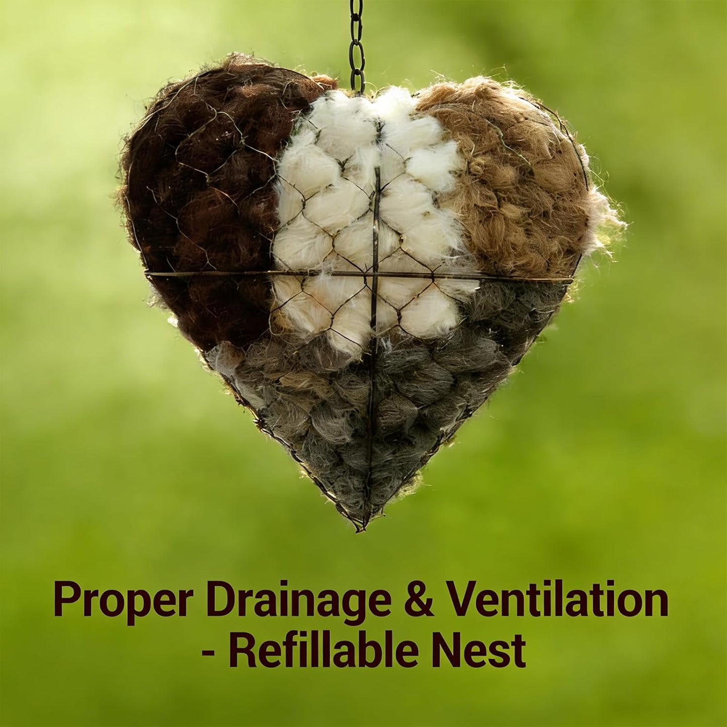 Handmade Fiber Bird Nesting Heart, Refillable Nature Wool Material Hou