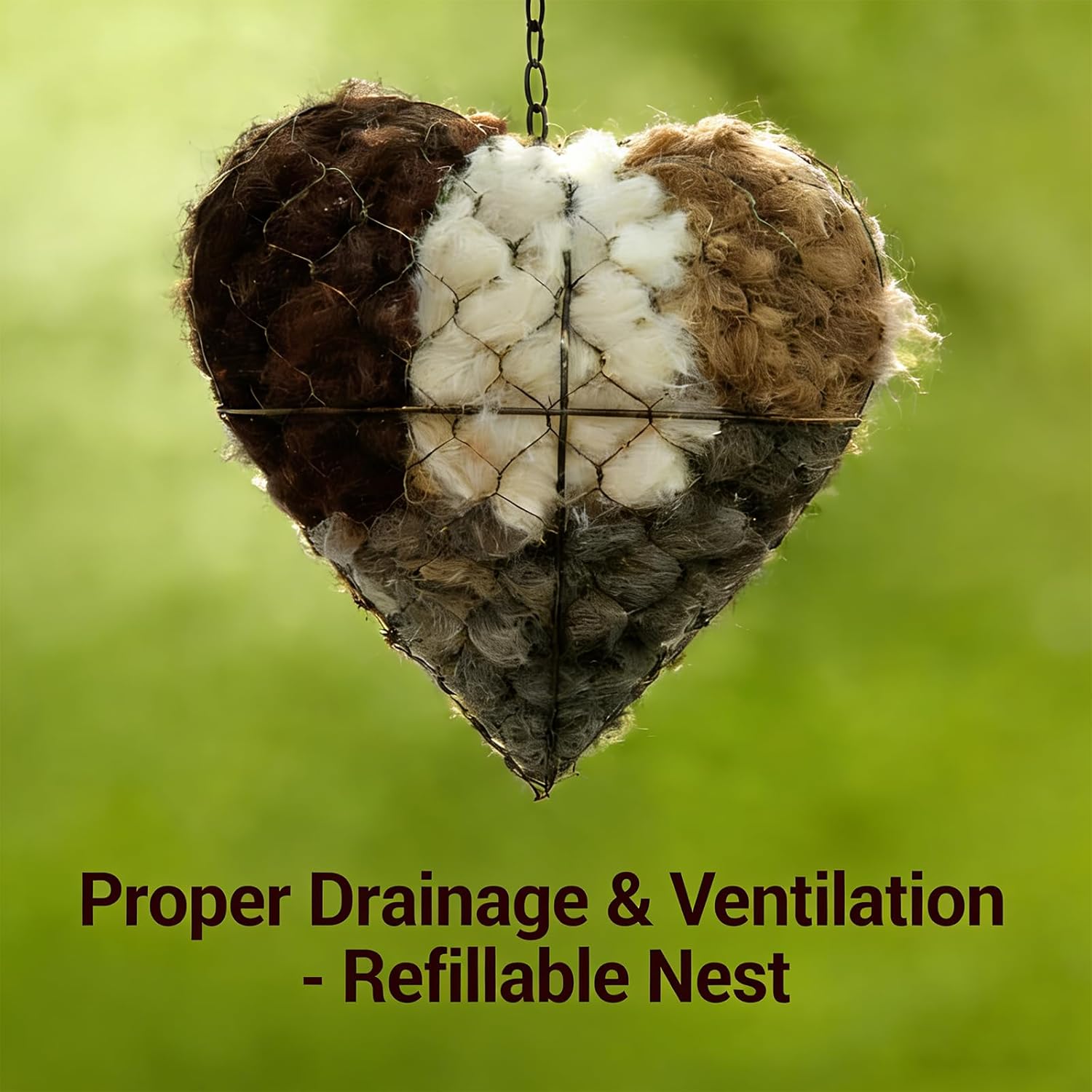 Handmade Fiber Bird Nesting Heart, Refillable Nature Wool Material Hou