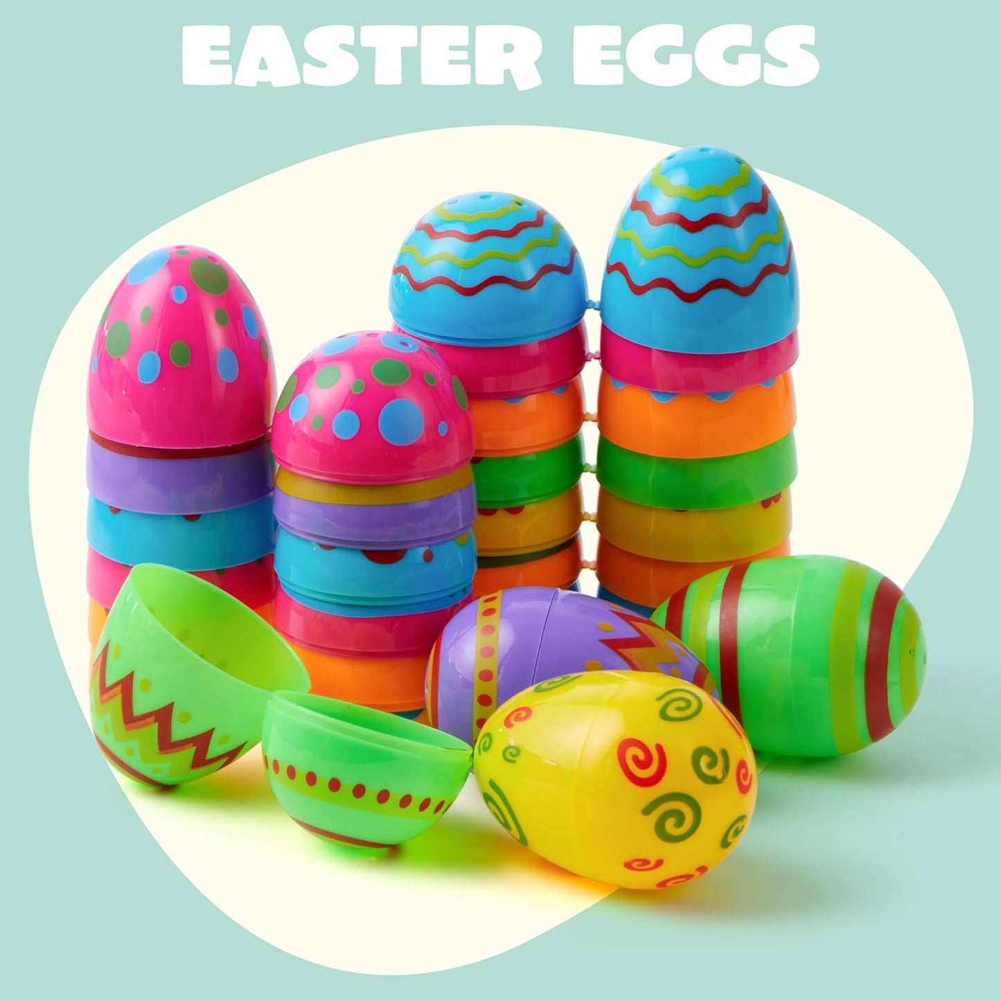 JOYIN Toy 36 PCs Plastic Printed Bright Easter Eggs, Over 3.15'' Tall Fillable Empty Eggs Bulks for Easter Hunt, Basket Stuffers Fillers, Classroom Prize Supplies, Filling Treats and Party Favor